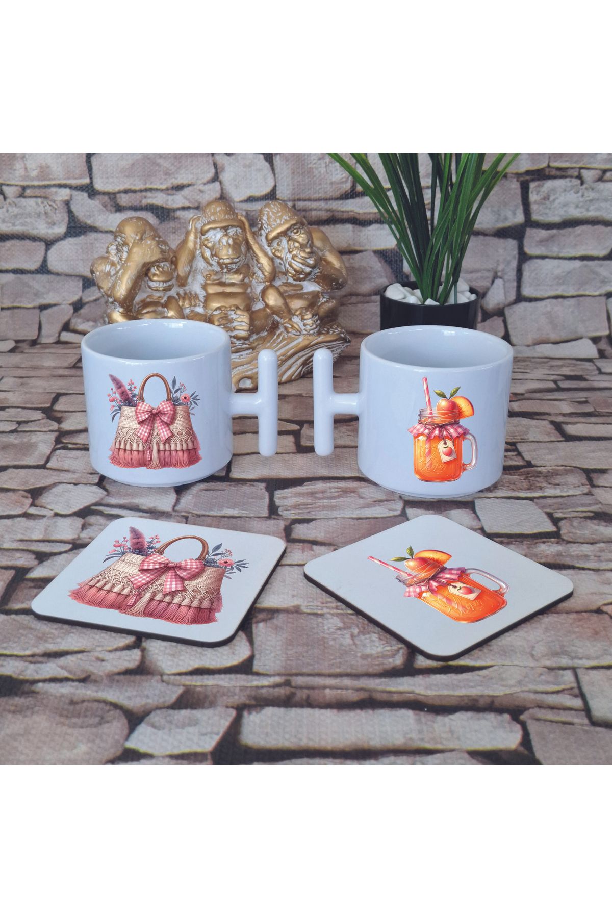 giftkonsept Pembe Bohem Yaz Temalı Baskılı 4'lü Set Ahşap Bardak Altlığı ve Latte Fincanı T Kulplu Kupa Bardak