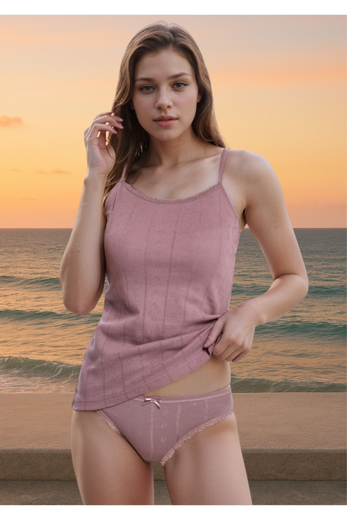 Loule %100 Pamuklu Kalp Desen Dantelli Mürdüm İp Askılı & Bikini Külot 2'li Takım LL.IL22.KE94.001