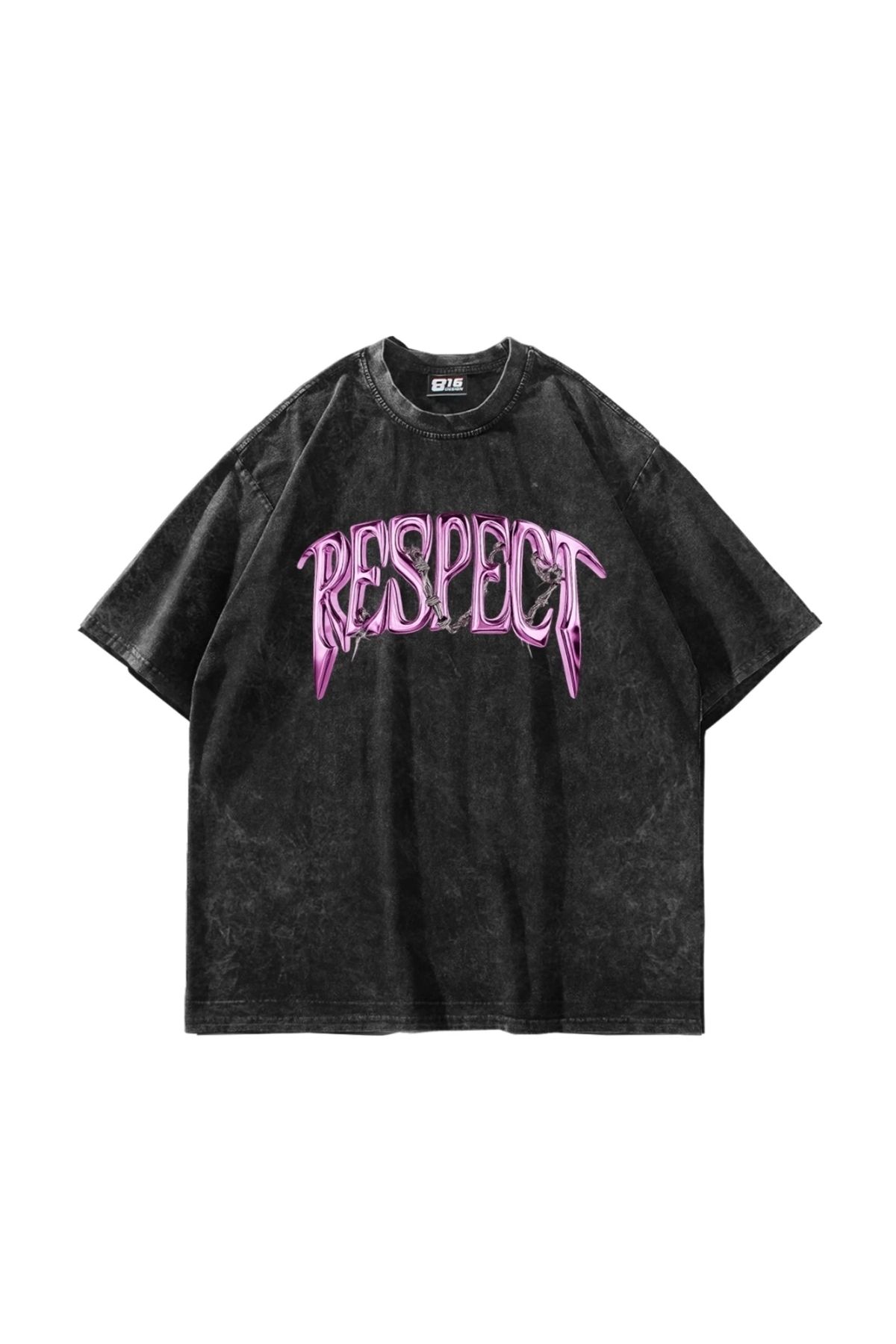 Sekizbiraltı Respect Baskılı Oversize Unisex Yıkamalı Siyah Tshirt