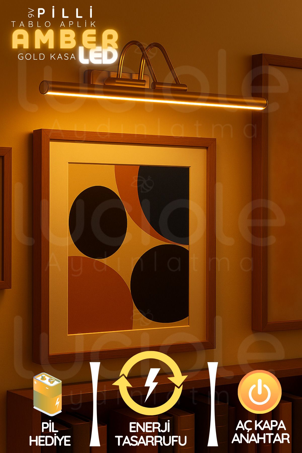 luciole TabloRay Altın Ton Işıklı Çubuk – Amber Efektli Duvar Profili, Parlak Gold Kasa