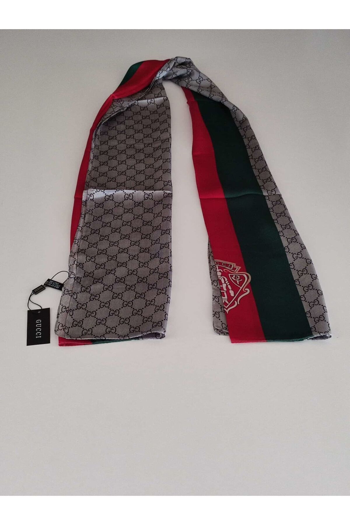 PİRAMİT GUCCİ AMBLEM DESEN VUAL İPEK ŞAL GÜMÜŞ YEŞİL BORDO