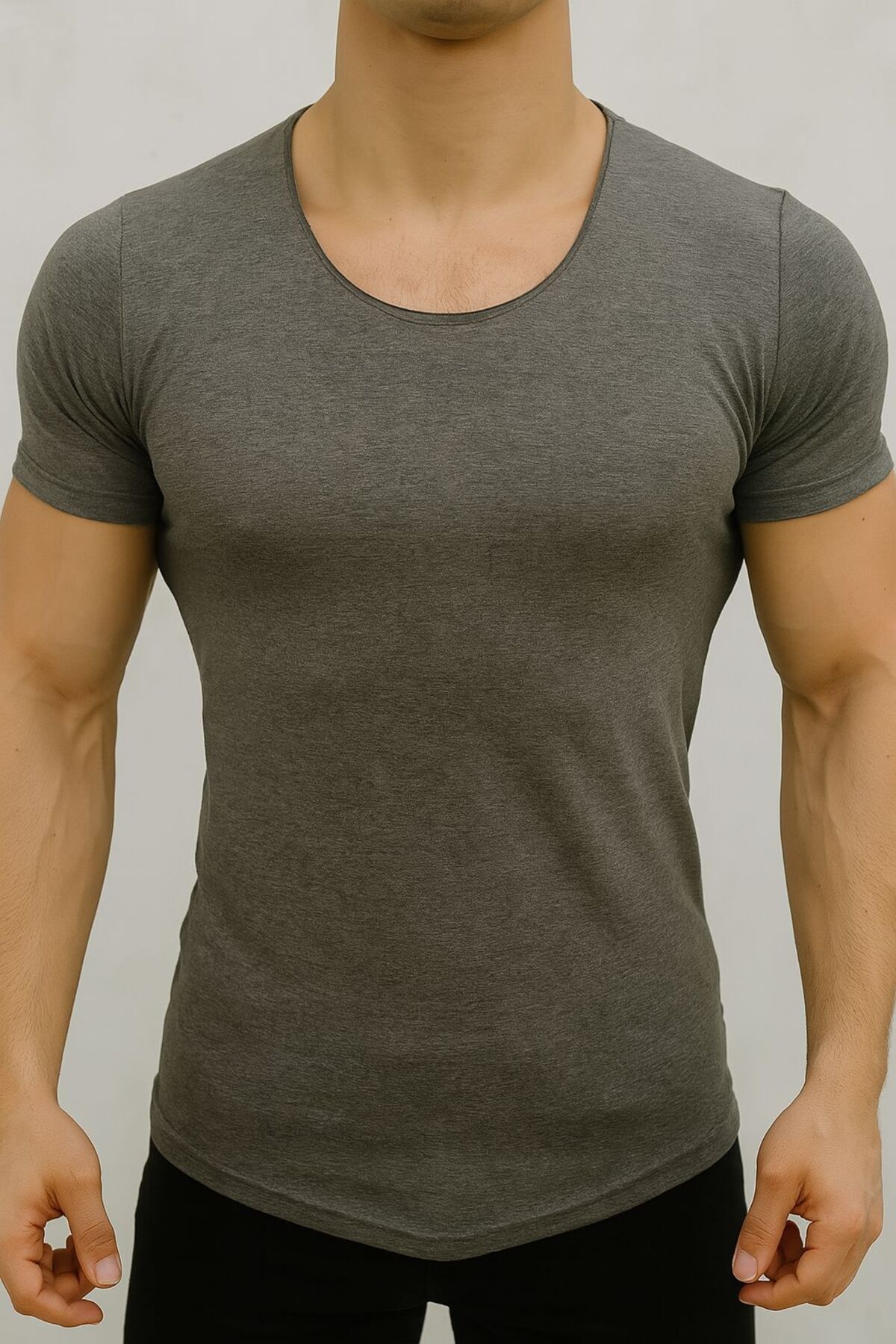 BYBÜLENT Erkek Siyah Oval Etek Geniş Yaka Slim Fit Kısa Kollu Tişört T-Shirt
