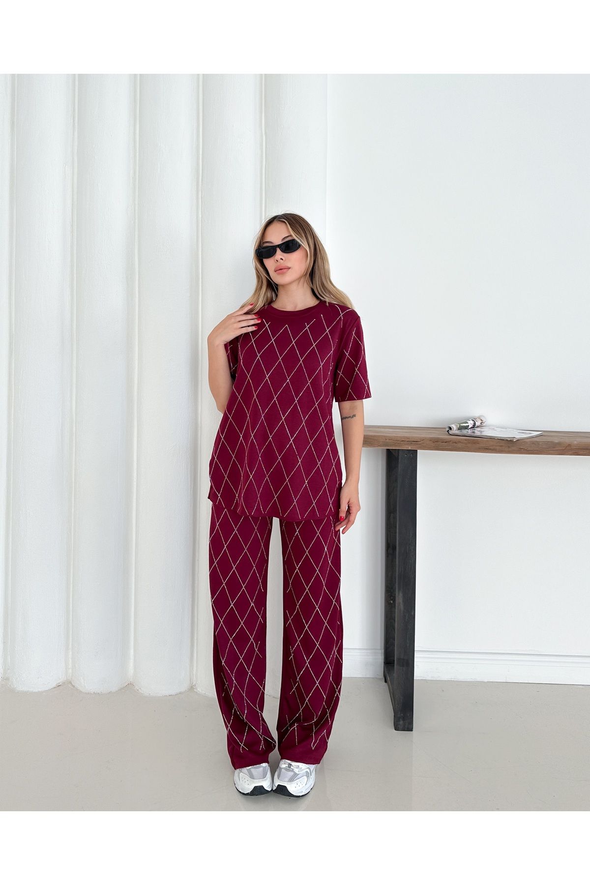 badibadii Kadın Salaş Elmas Bluz Beli Lastikli Pantolon Modal Takım 3089 60283231