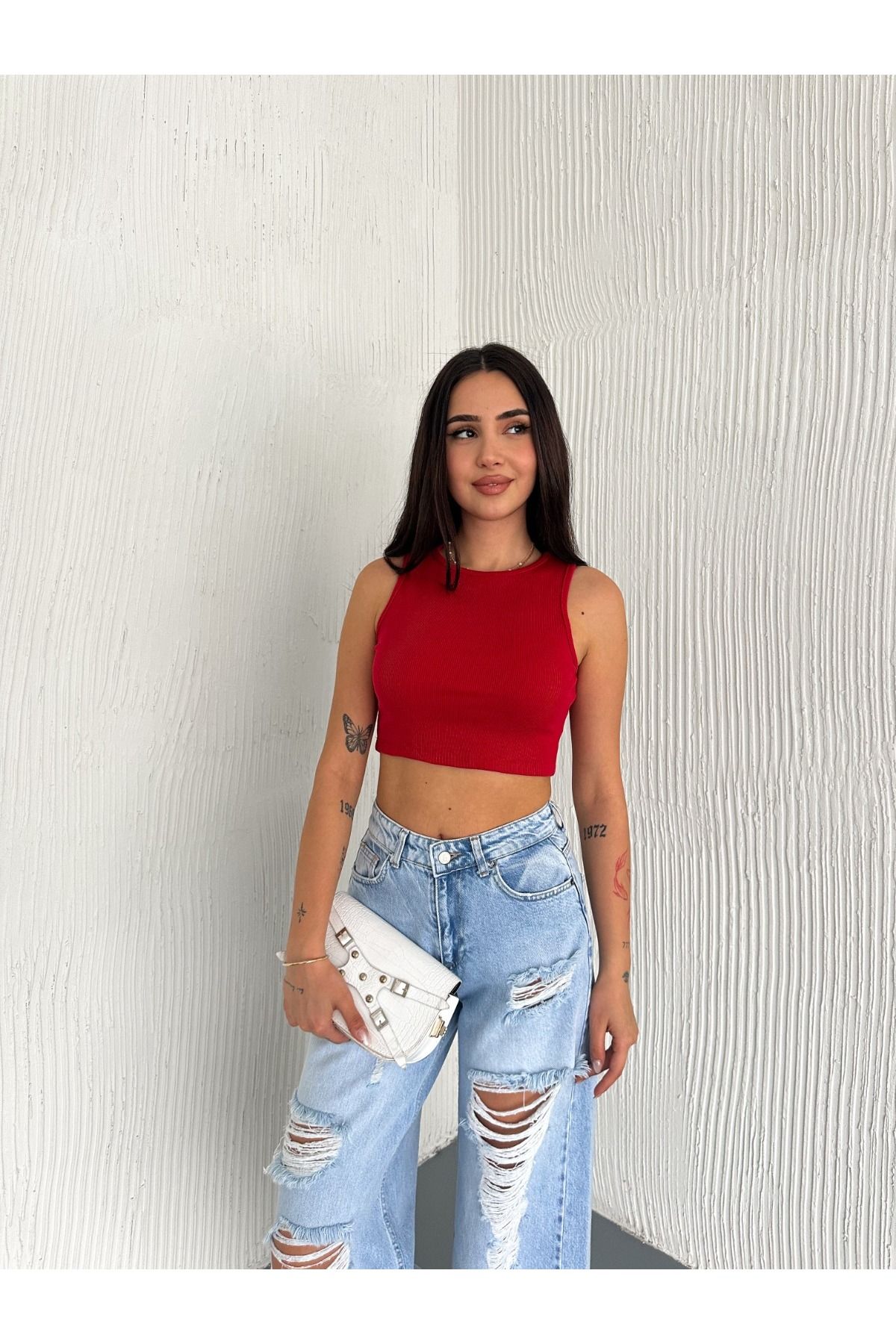 niwro Kadın Crop Likralı Kaşkorse Halter Yaka Bluz Kırmızı