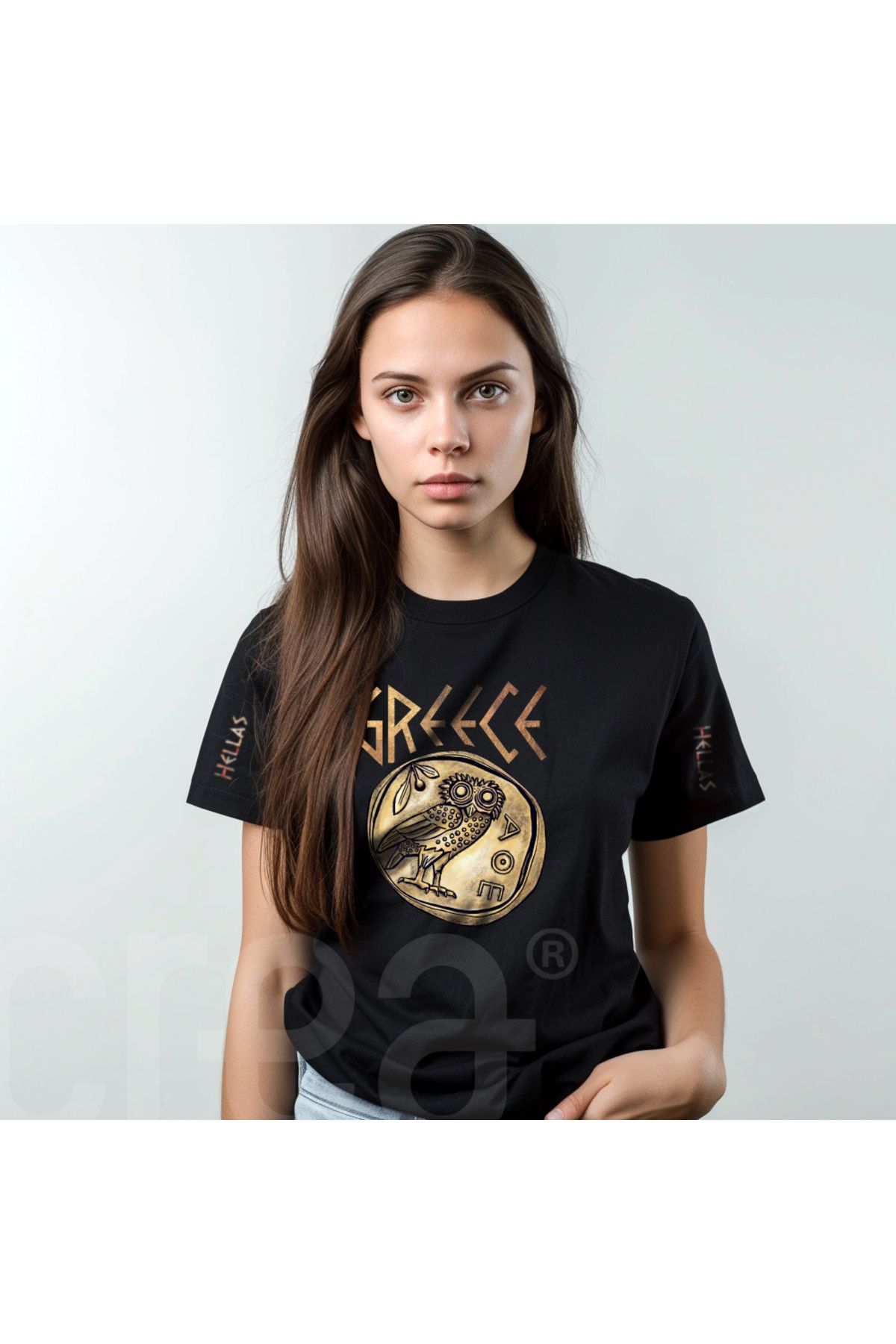 Crea Eymer Wear Owl Coin Greece Art Printed Cotton Crew neck T-shirt Black