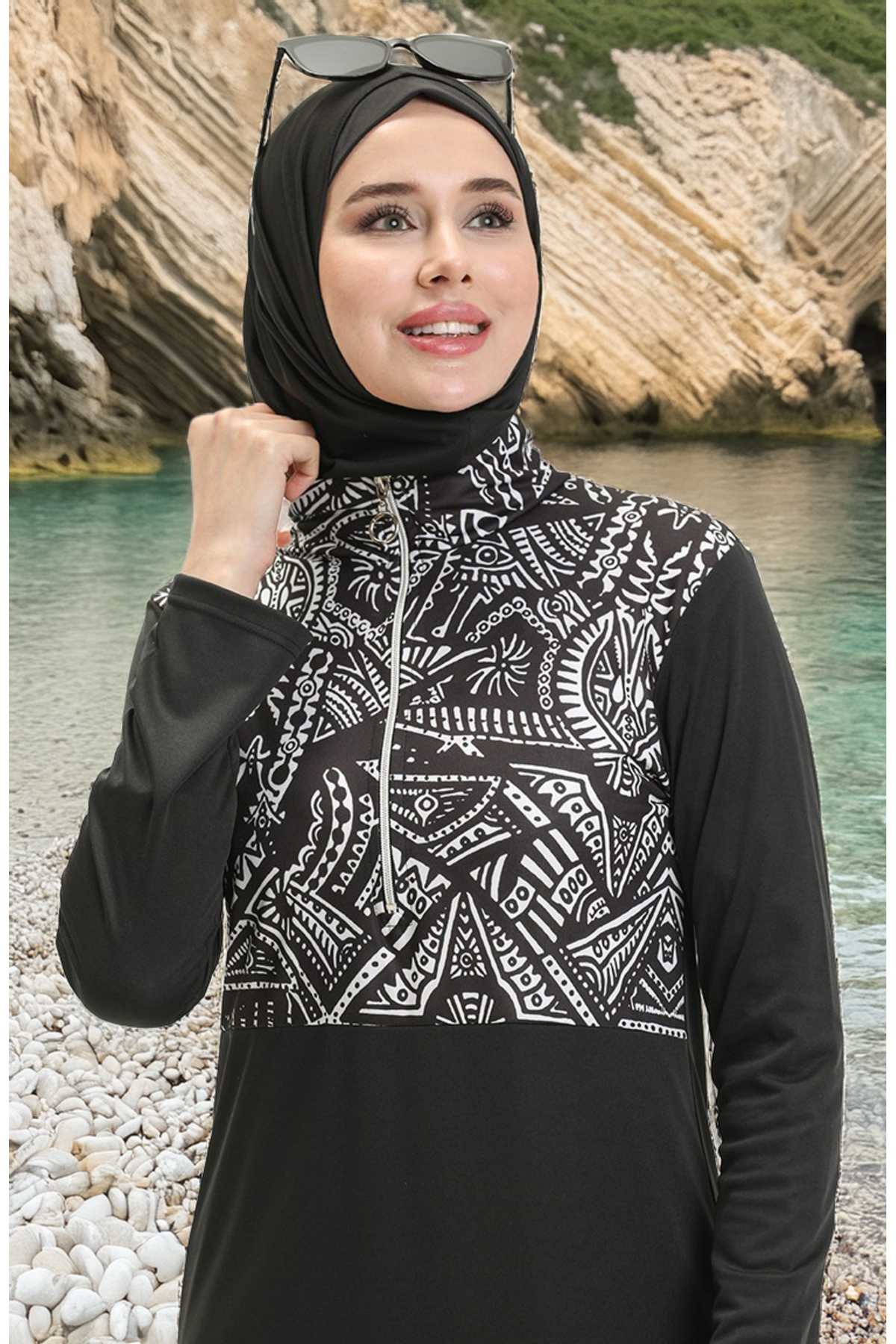 sefamerve Strój kąpielowy z hidżabu w etniczny wzór 2313-01 Czarny