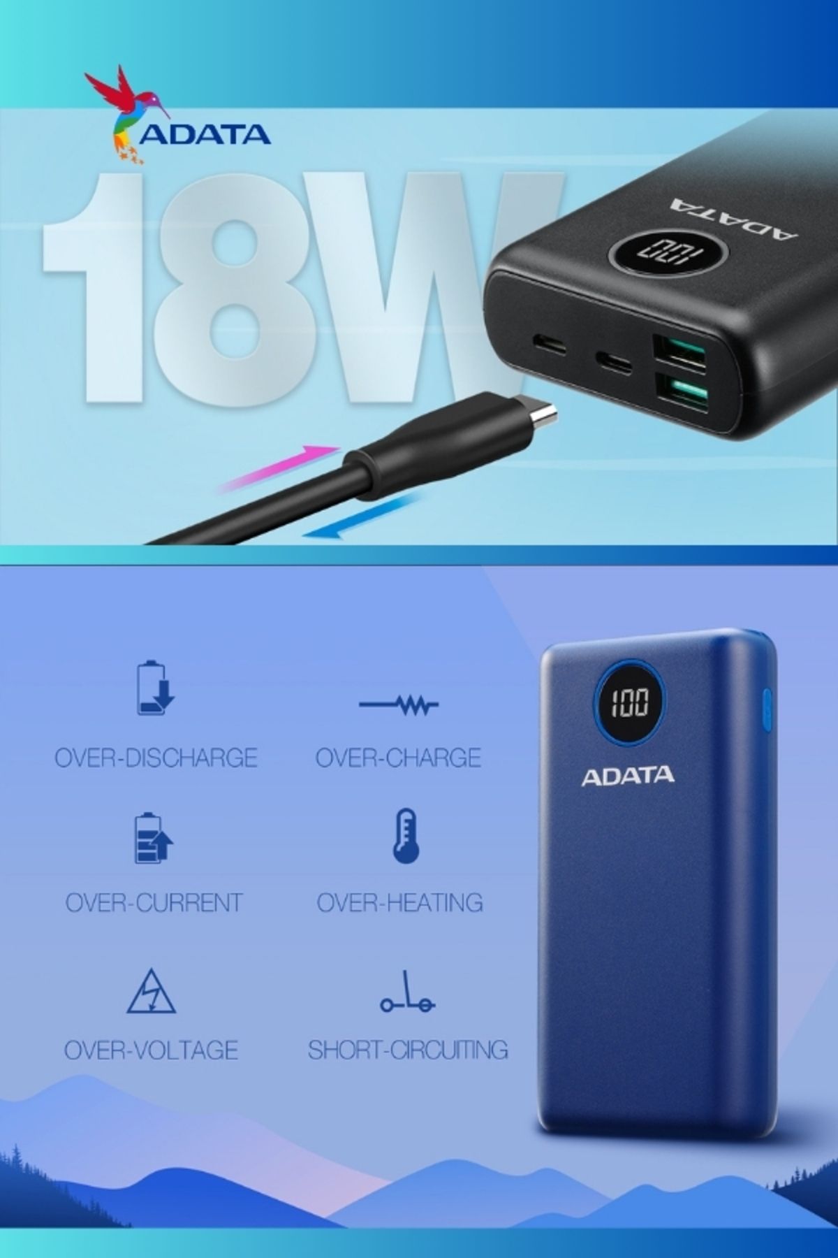 Adata-Power Bank P20000QCD | 20,000 mAh | Fast Charging Qualcomm QC 3.0 USB Type-C and Type-A | 18 watt 6