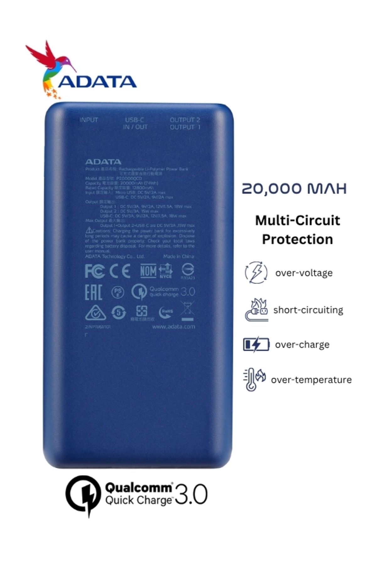 Adata-Power Bank P20000QCD | 20,000 mAh | Fast Charging Qualcomm QC 3.0 USB Type-C and Type-A | 18 watt 4