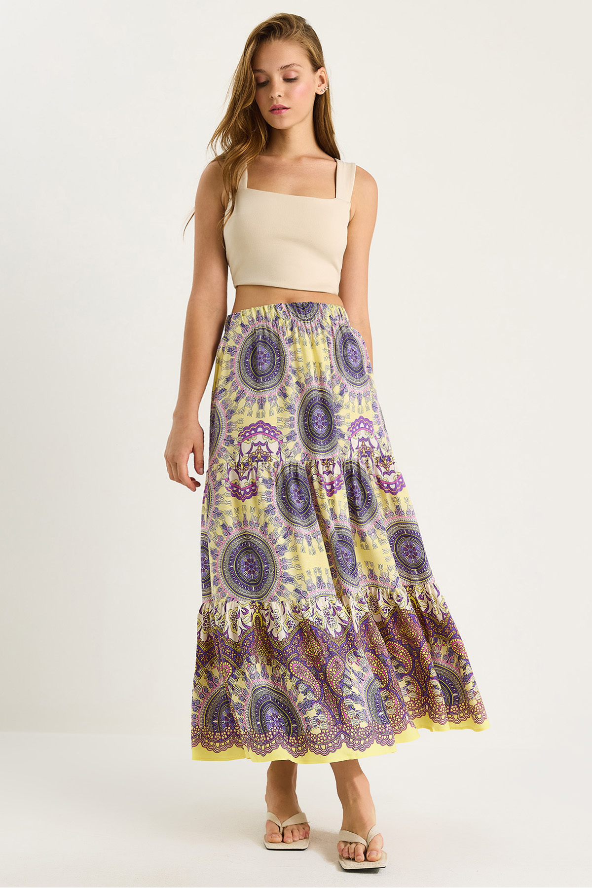 Bianco Lucci-Women's Patterned Elastic Waist Long Vsicon Skirt 8045 60283479 1