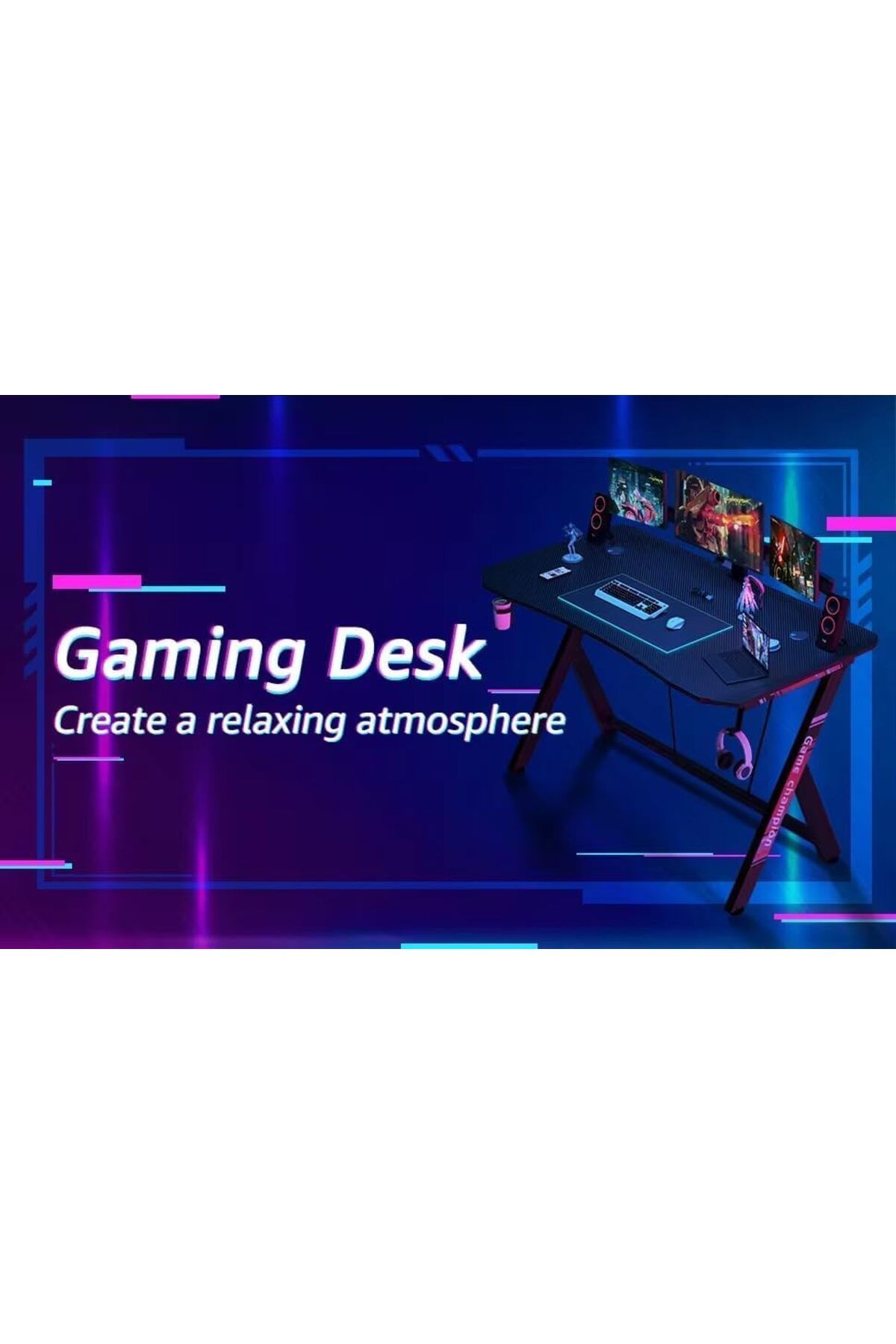 AGD-Z-shaped Gaming Table, Carbon Fiber Home Computer Desk with Headphone Hook and Cup Holder, 120 c 7