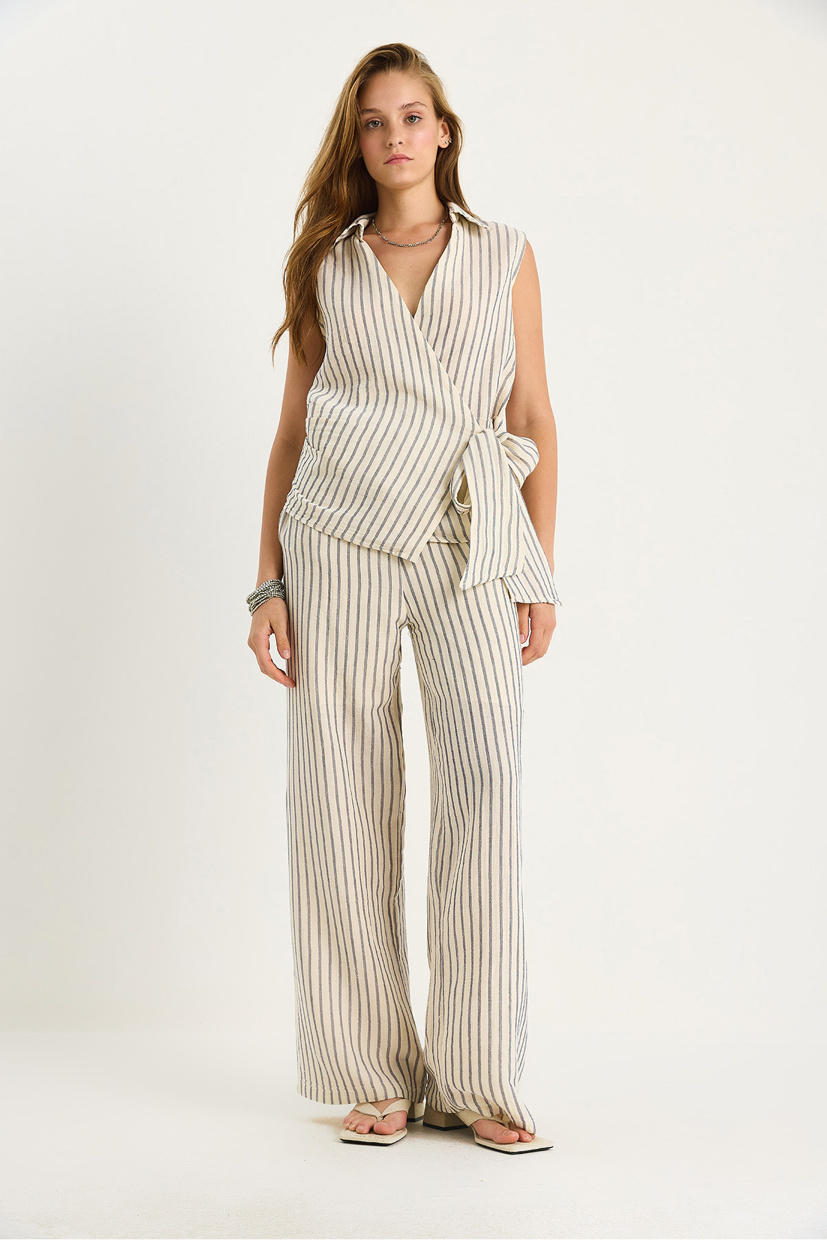 Bianco Lucci-Women's Striped Double Breasted Collar Tie Detailed Blouse Elastic Waist Lined Muslin Suit 1039 60283478 2