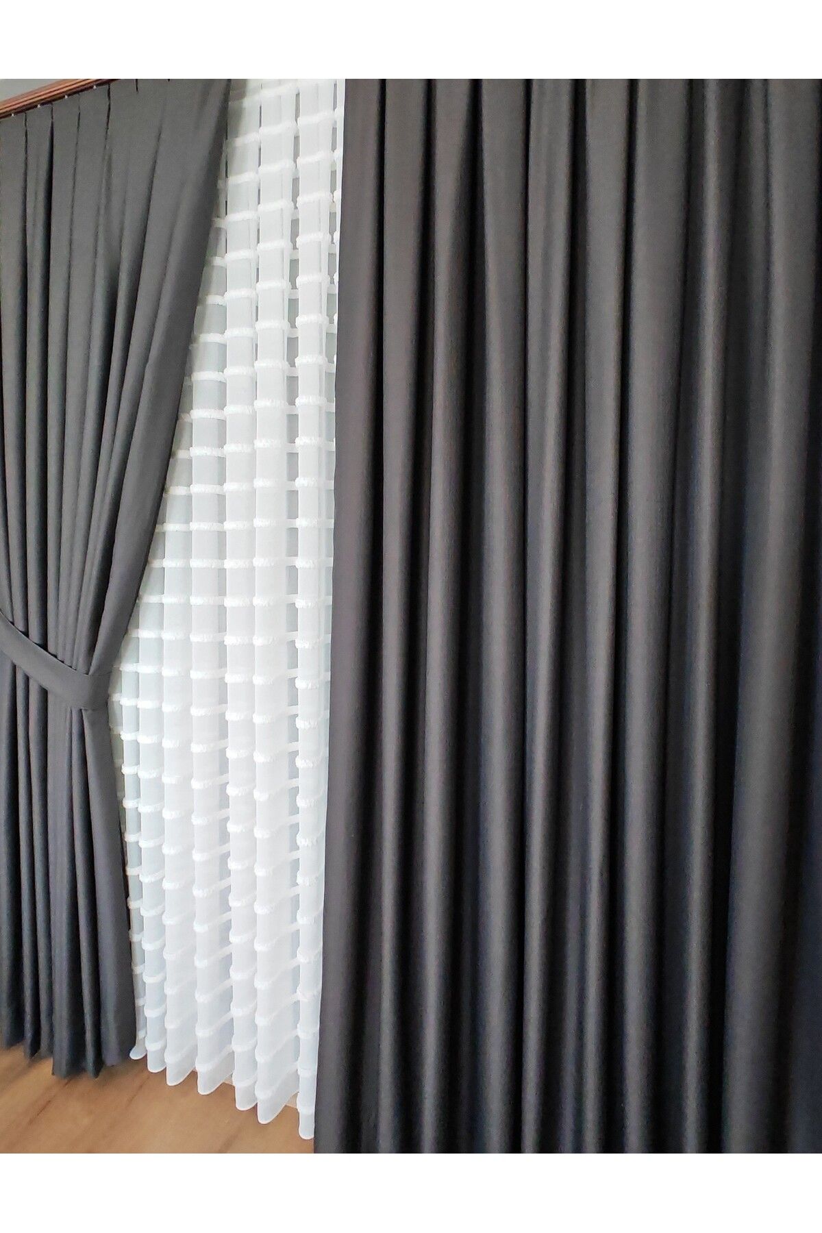 Yuka-Linen Textured Anthracite Panel Background Curtain Luxury Heavy Weight Tek Wing 1/3 Tight Pleated Solid Color 6
