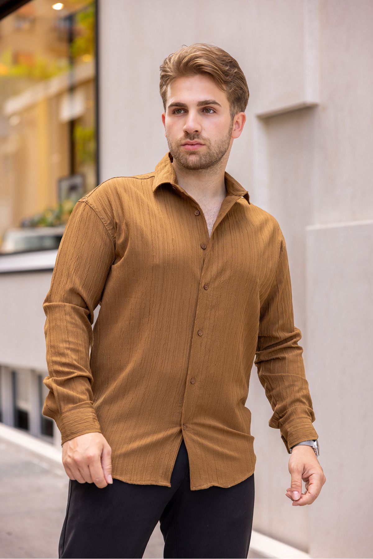 COMBİNE MİCHAİL-Cămașă de in caramelo cu model pentru bărbați 4