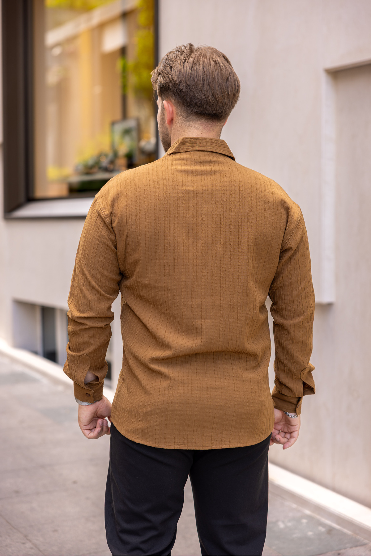 COMBİNE MİCHAİL-Cămașă de in caramelo cu model pentru bărbați 5
