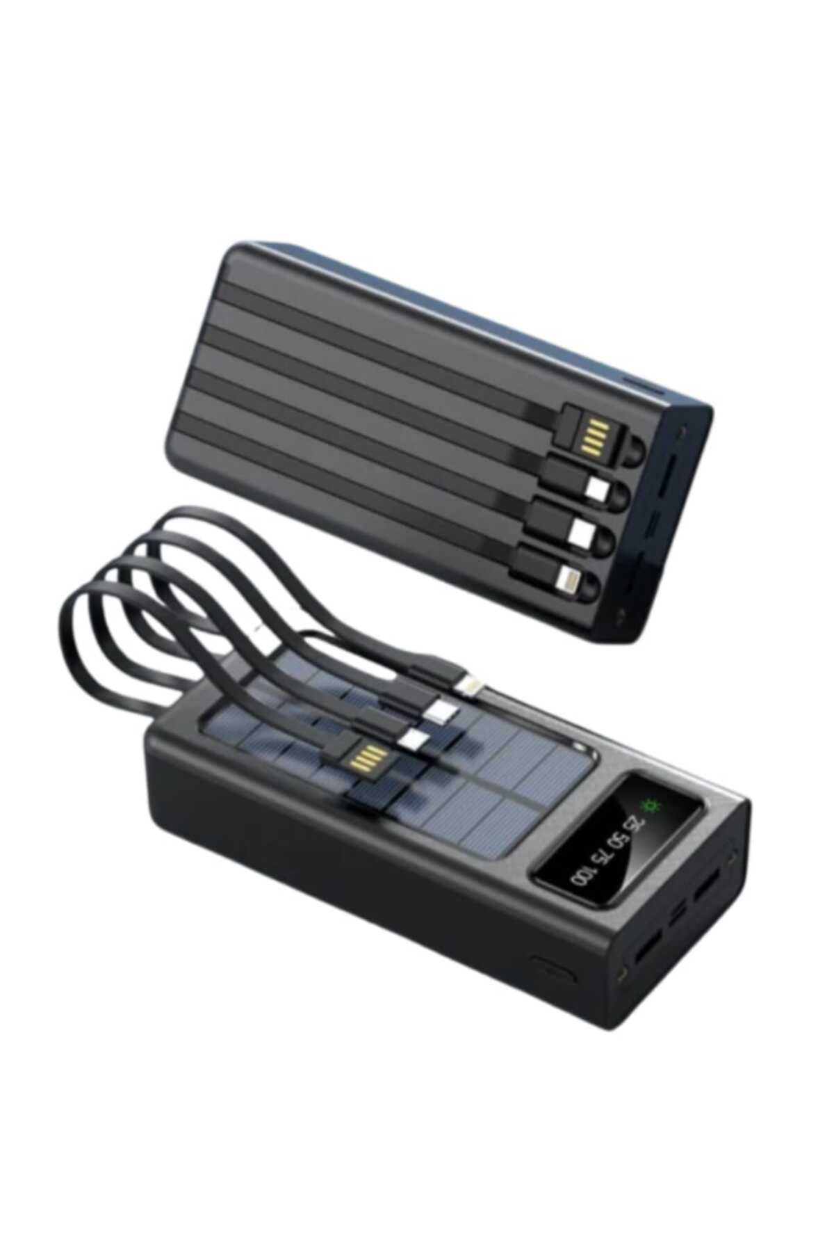 Generic-30000mAh Power Bank with 4 Built-in Cables, Digital Display, and Solar Charging Panel - Black 1