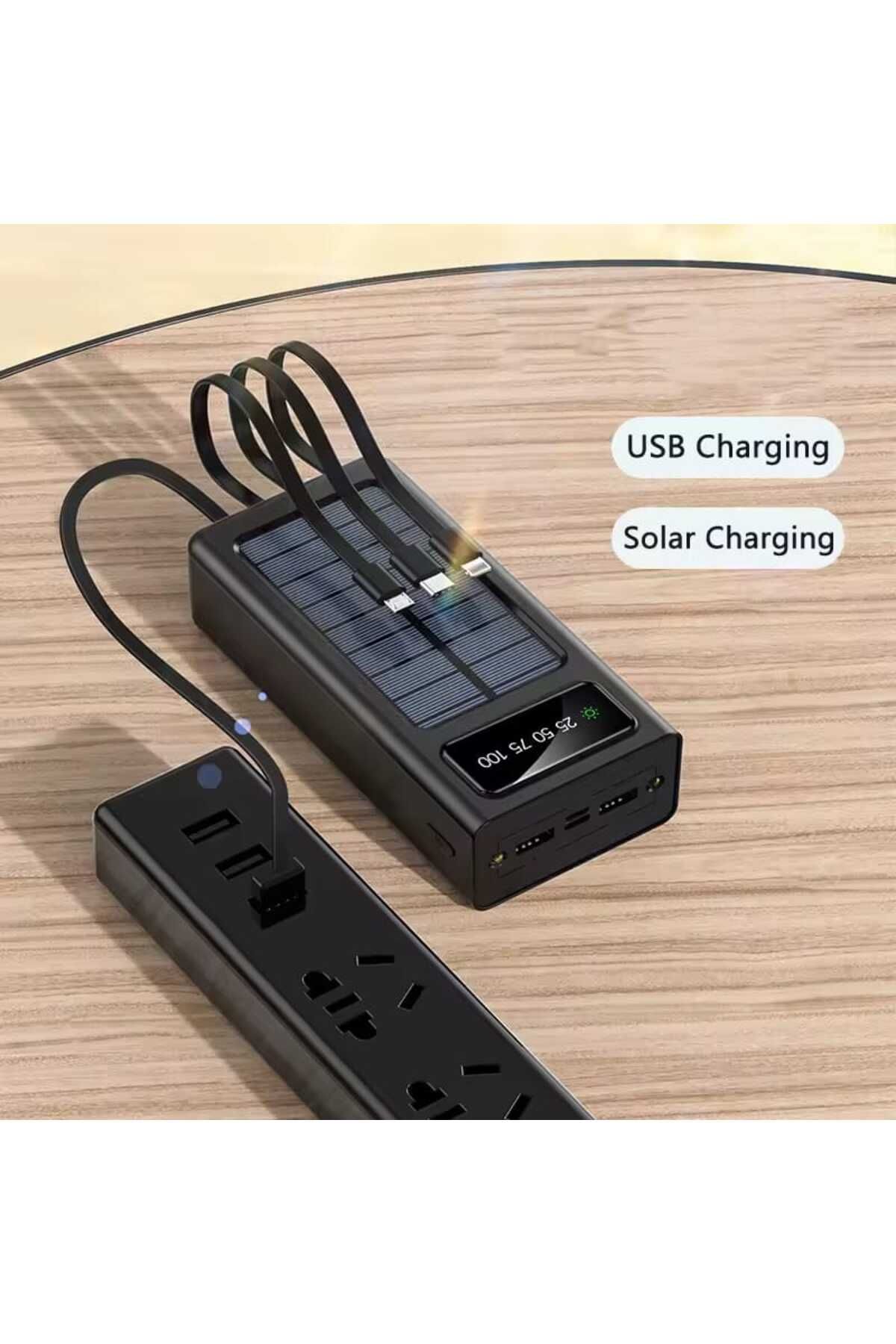 Generic-30000mAh Power Bank with 4 Built-in Cables, Digital Display, and Solar Charging Panel - Black 4