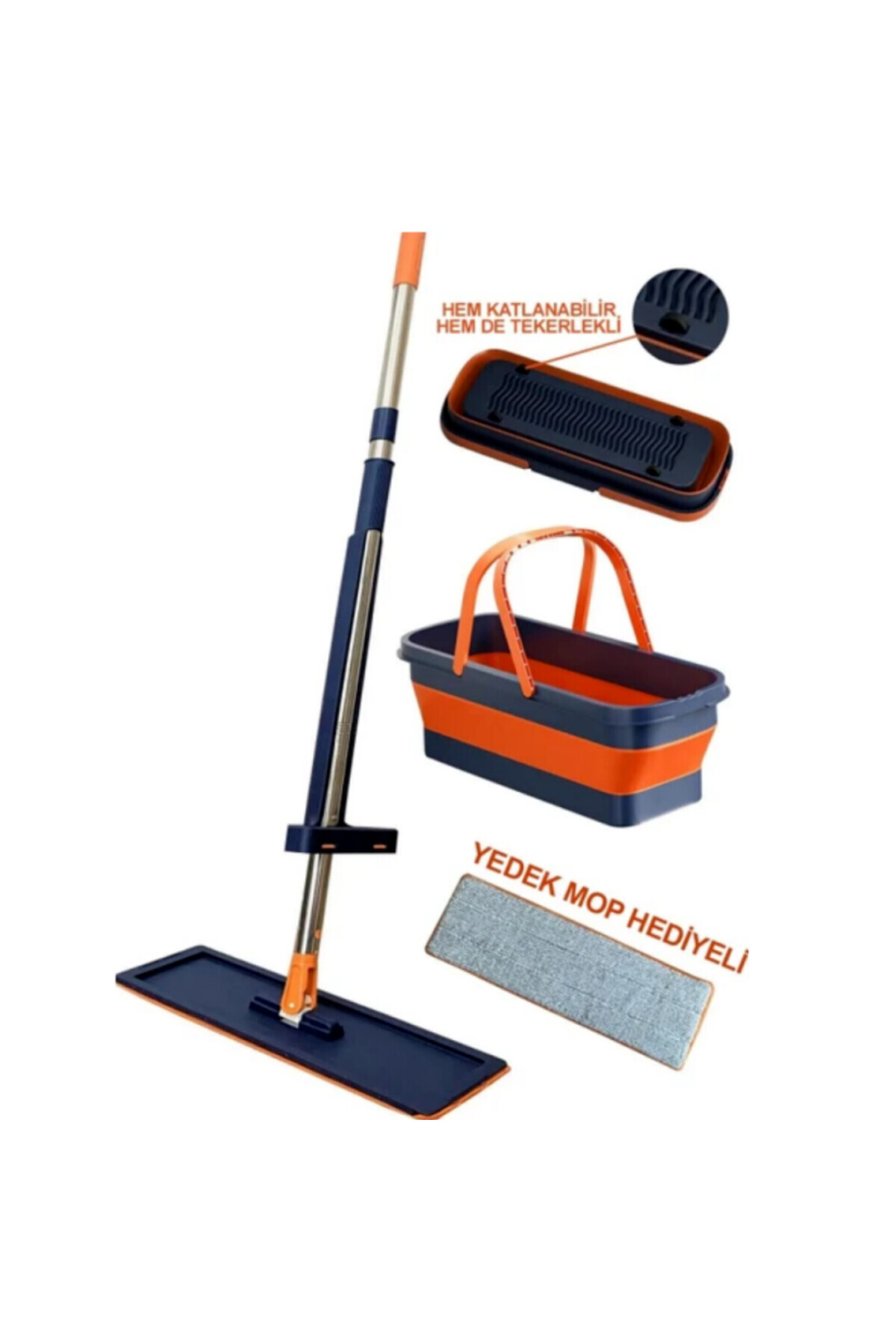 abnturk Kendiliğinden Sıkmalı Temizlik Seti Tekerlekli Mop Katlanır Kova yedek Paspas