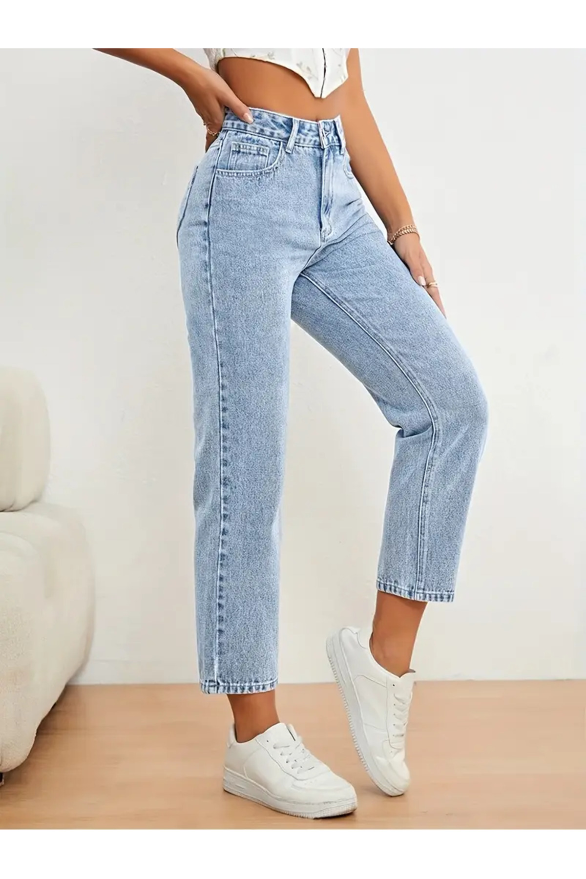 ByCukurovaFrango  Astrid Kadın Buz Mavi Kar Yıkama Jeans Boyfriend Mom Jean Yüksek Bel Denim Kot Pantolon - Görsel 3