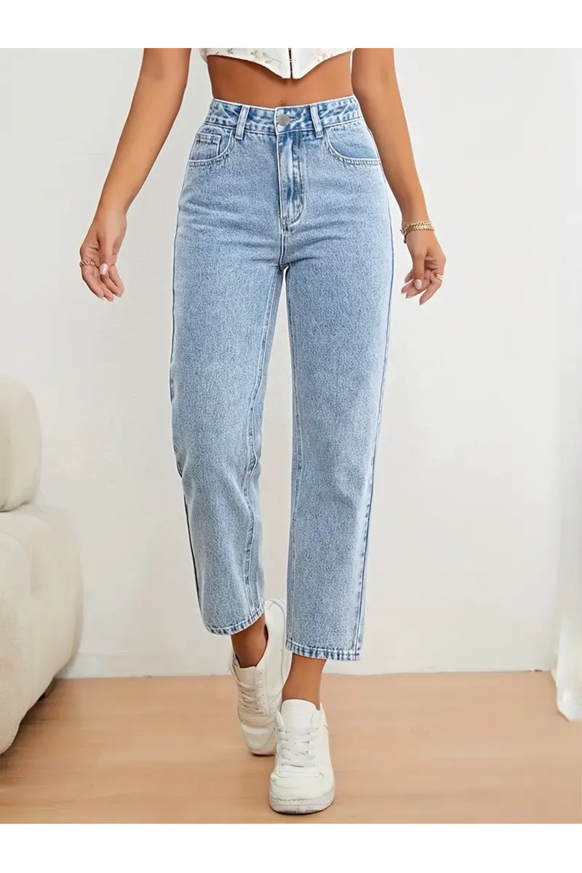 ByCukurovaFrango  Astrid Kadın Buz Mavi Kar Yıkama Jeans Boyfriend Mom Jean Yüksek Bel Denim Kot Pantolon - Görsel 2