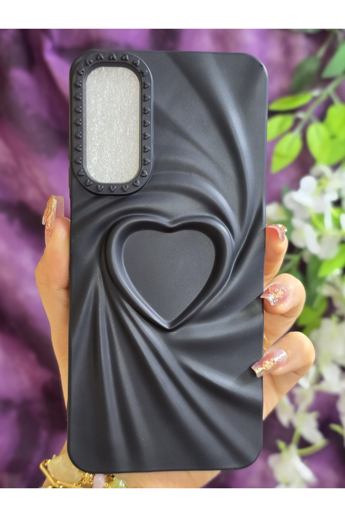 Black Phone Silicone Case with 3D Heart for Samsung Galaxy A05S Compatible