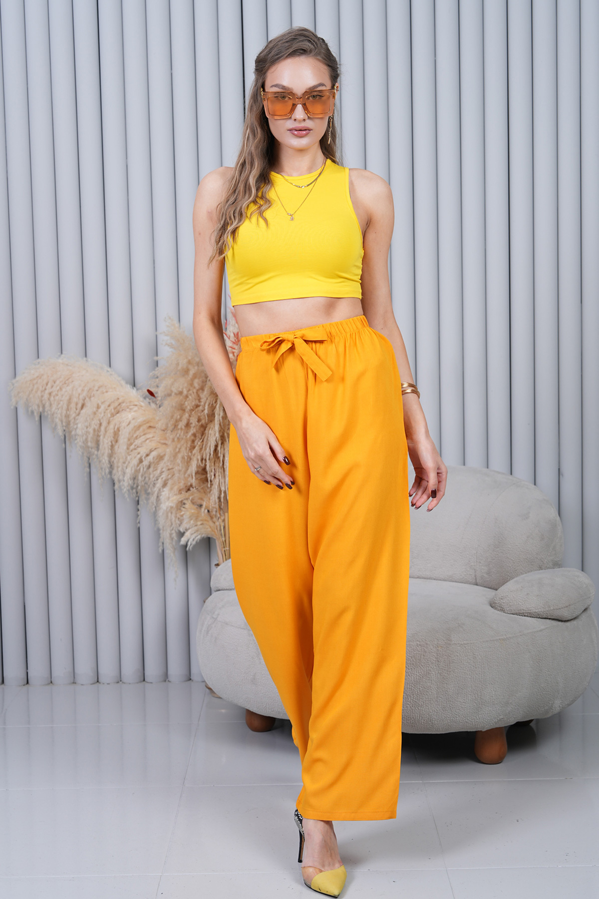 Yellow Waist Tied Wide Leg Pants