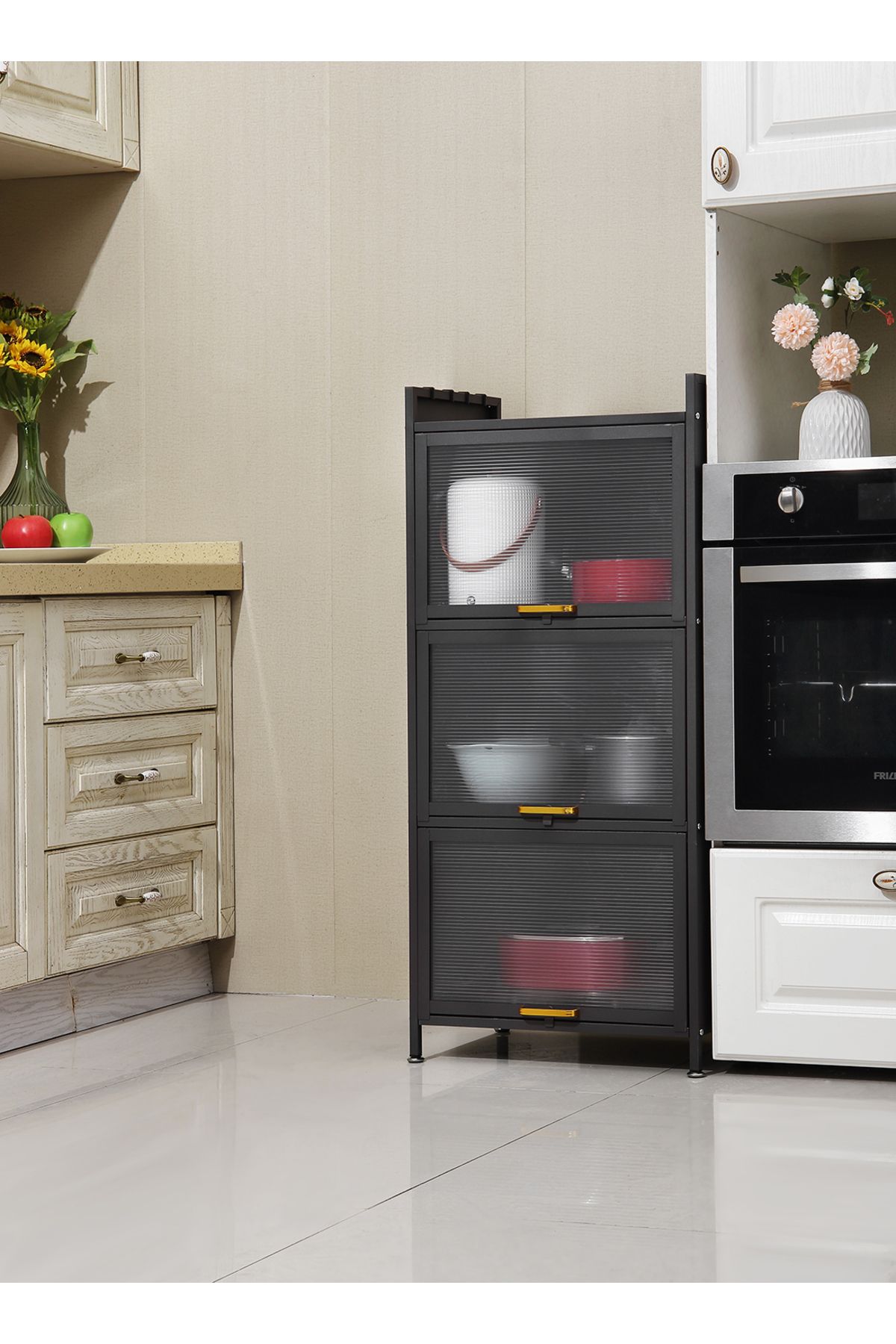 Lawazim-Iron Cabinet - 3 Layer Vertical Storage Cabinet with Ribbed Doors and Side Hooks 5