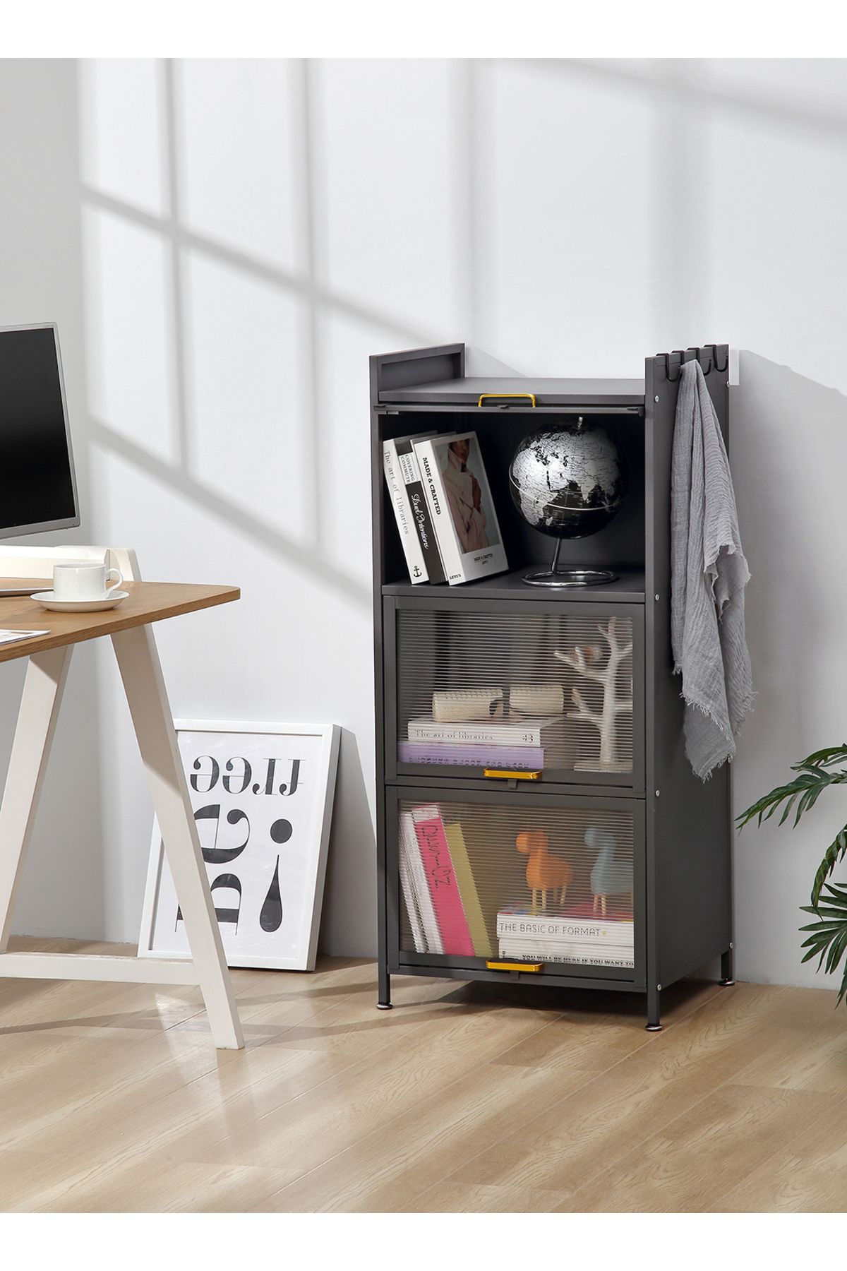 Lawazim-Iron Cabinet - 3 Layer Vertical Storage Cabinet with Ribbed Doors and Side Hooks 4