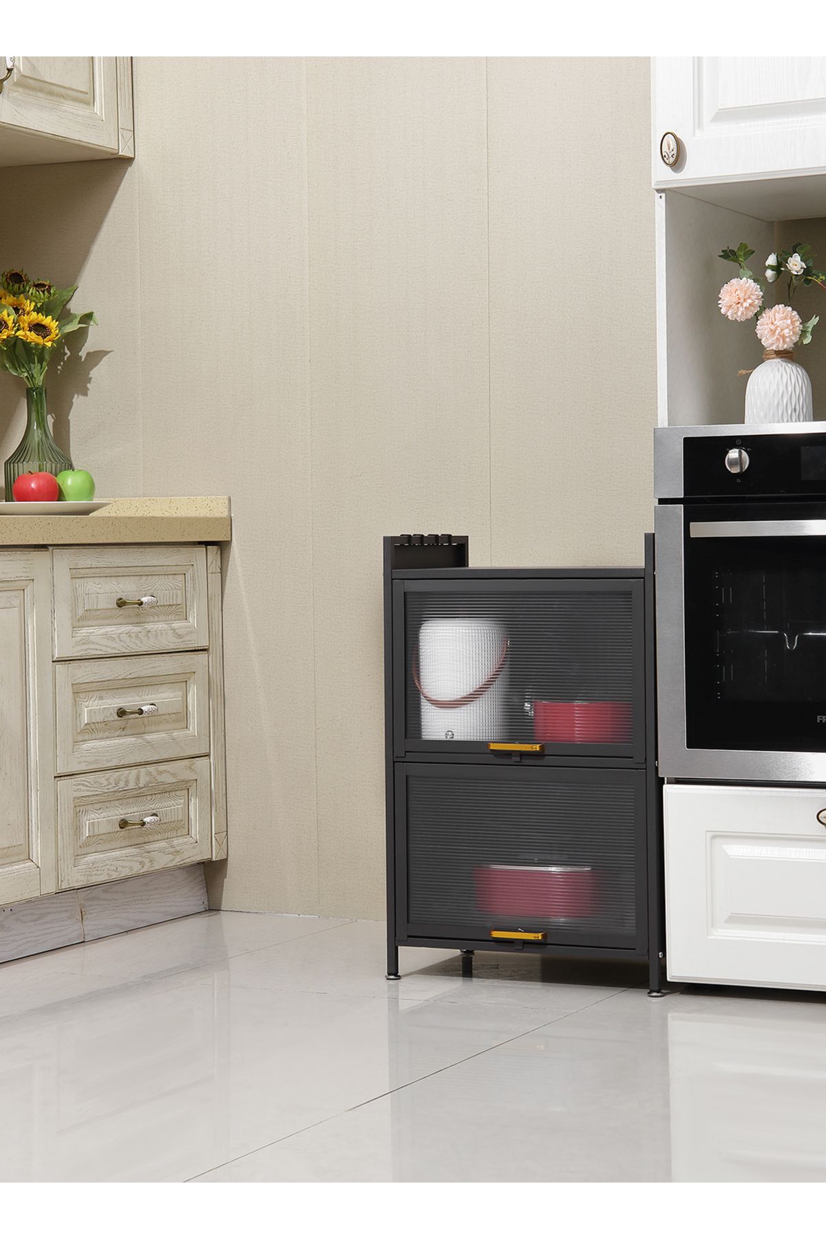 Lawazim-Iron Cabinet - 2 Layer Vertical Storage Cabinet with Ribbed Doors and Side Hooks 5