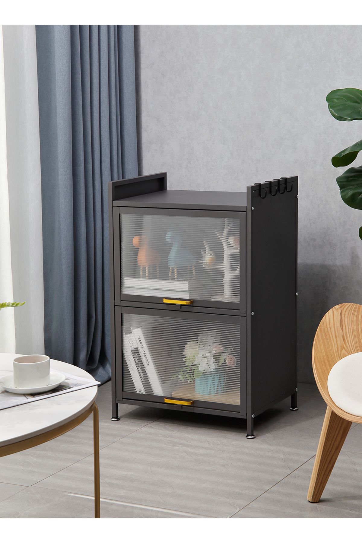 Lawazim-Iron Cabinet - 2 Layer Vertical Storage Cabinet with Ribbed Doors and Side Hooks 2