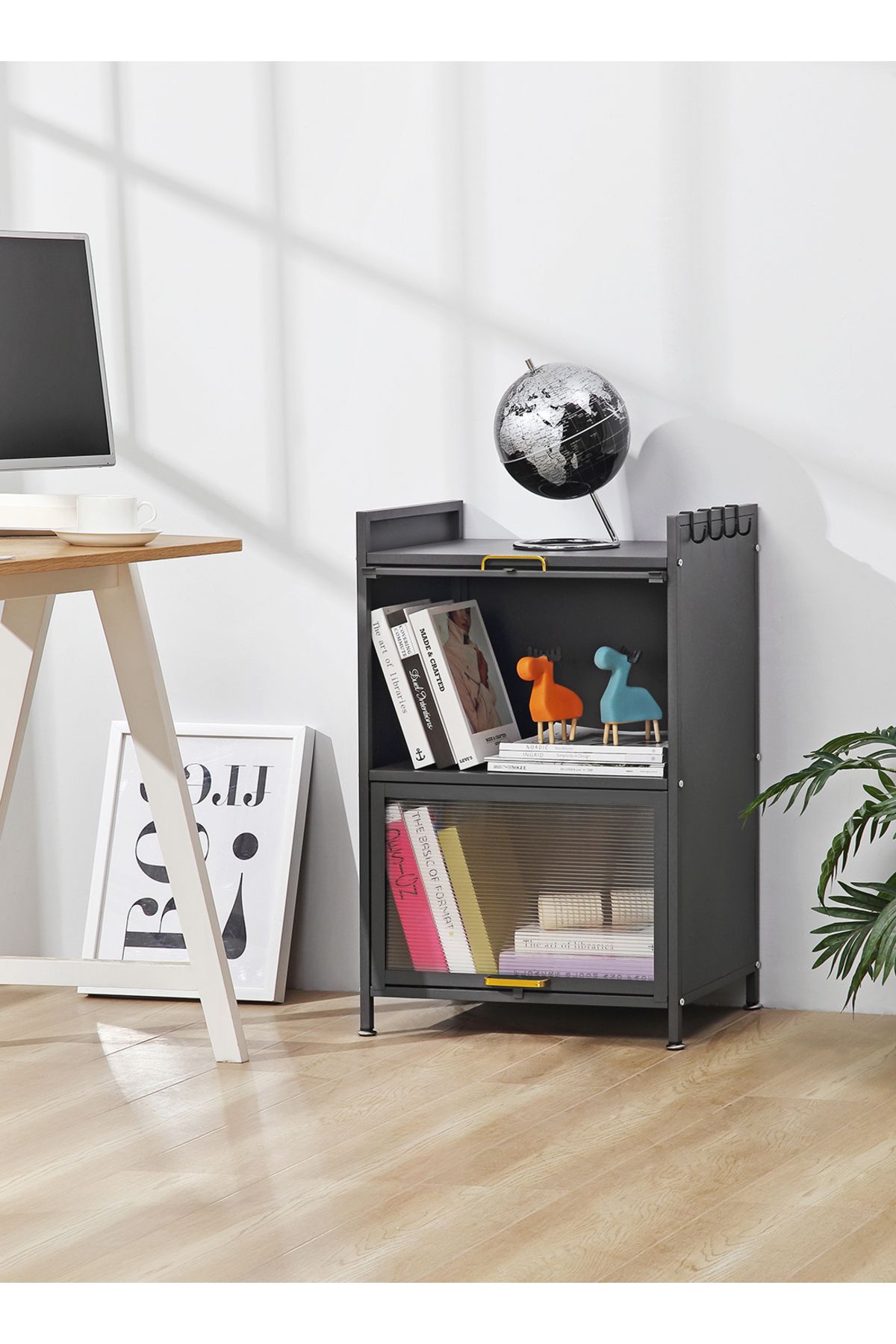 Lawazim-Iron Cabinet - 2 Layer Vertical Storage Cabinet with Ribbed Doors and Side Hooks 3