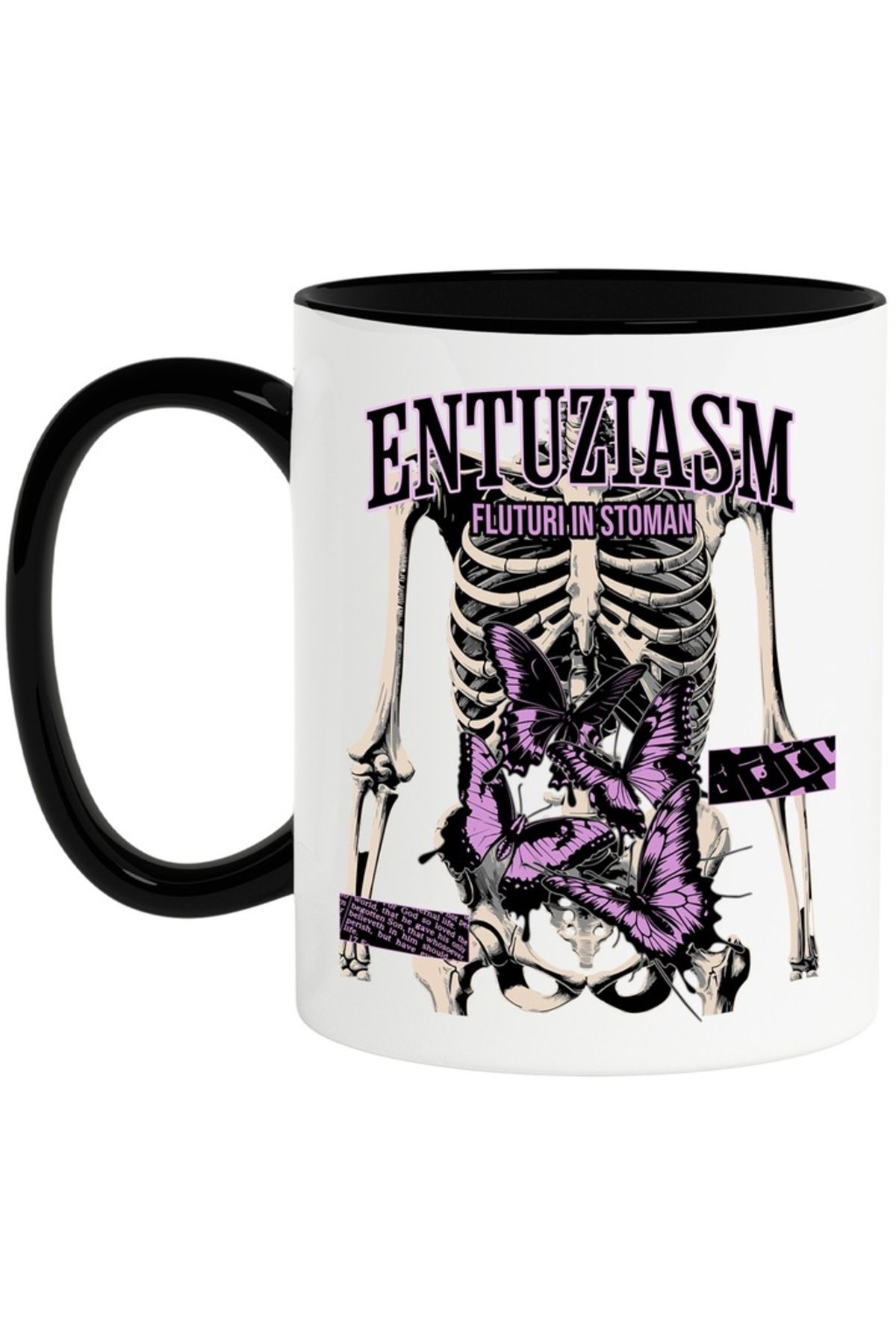 INOVATIX-Personalized white mug, Enthusiasm - Butterflies in the Stomach, Skeleton, with Black Handle, INOVATIX®. 330ml 1