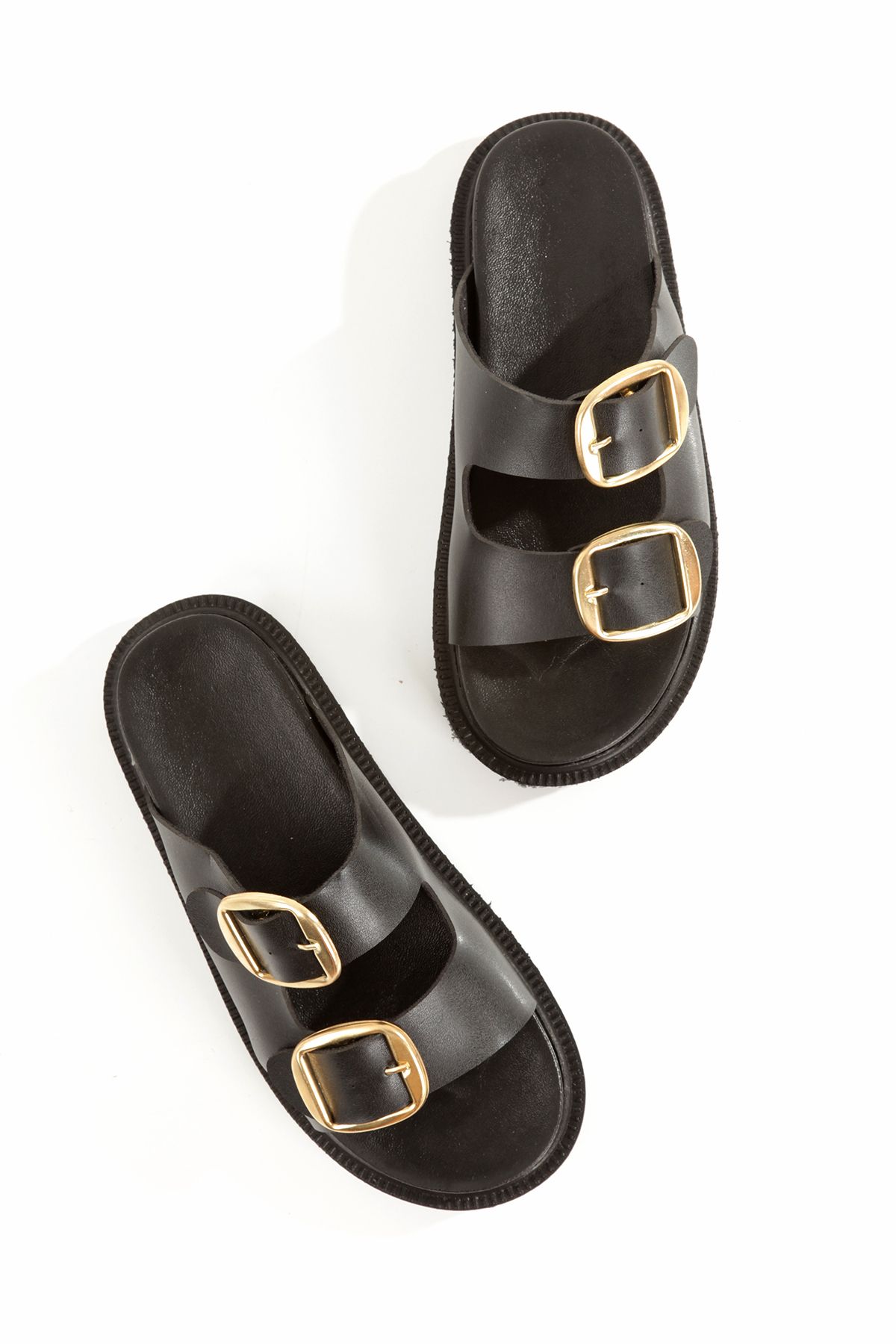 PAYZİN-'' Si̇lvi̇e'' Black Skin Gold Color Double Buckle Black Sole Slippers New Season 4