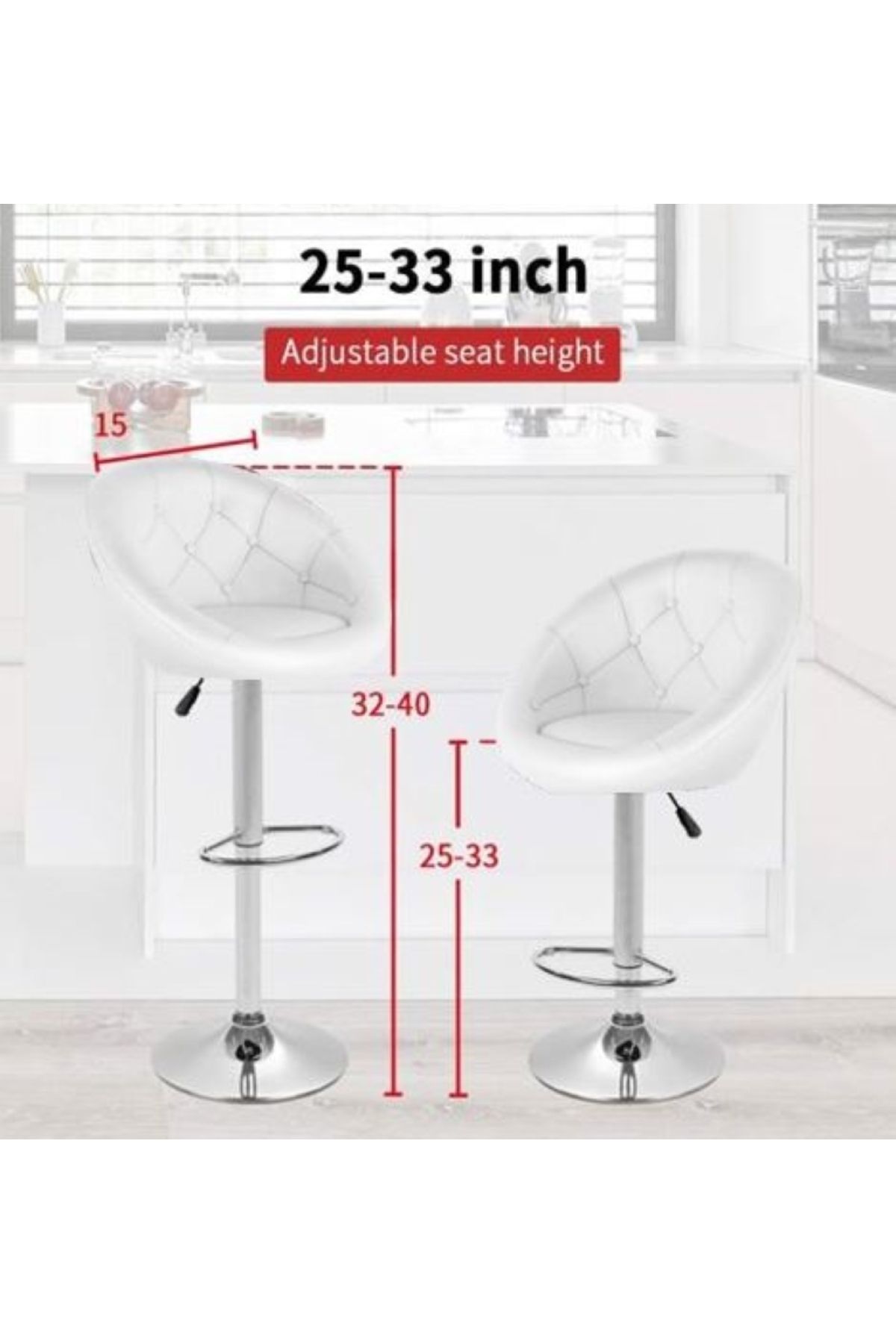 AWF AL WADI FURNITURE-كراسي بار، مقاعد ذات ظهر مبطن، مقاعد مبطنة كبيرة مع سطح دائري من خشب MDF، طاولة بار، قاعدة من الكروم، لون أبيض 4