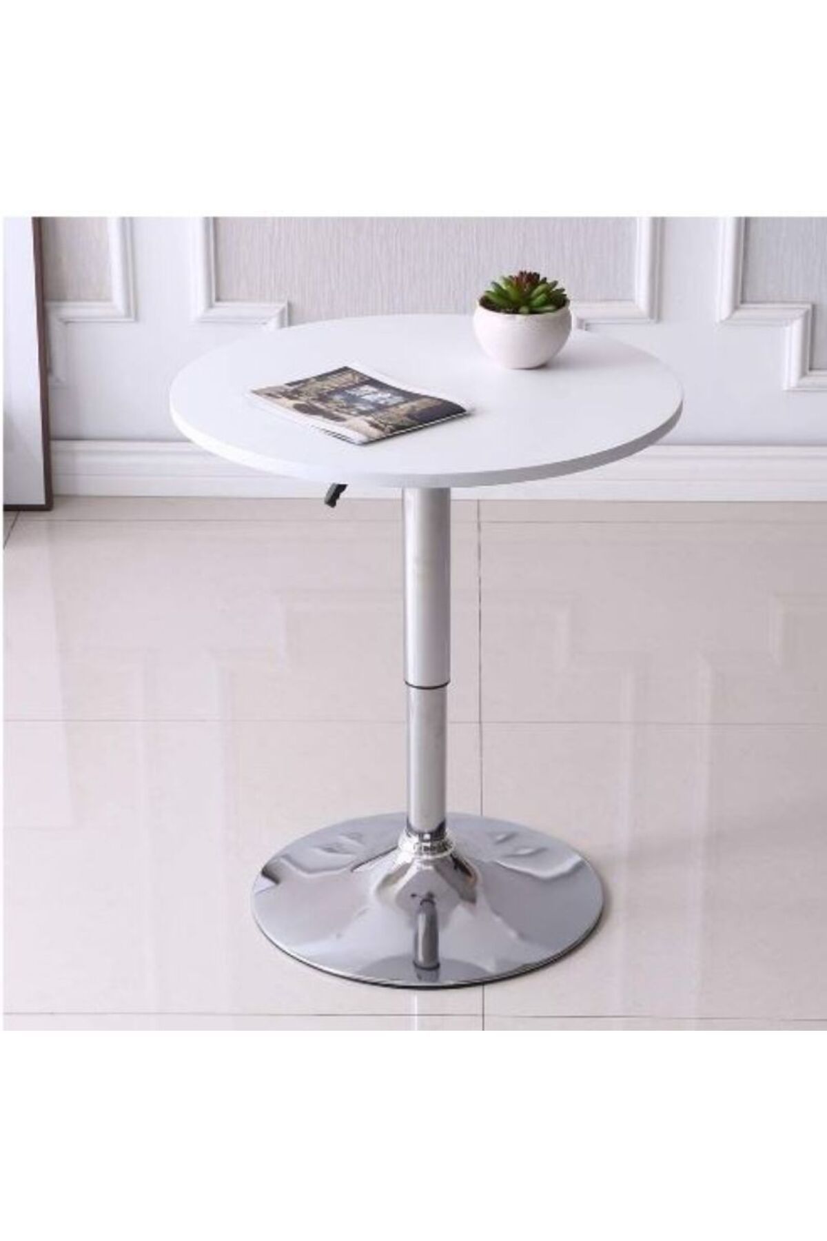 AWF AL WADI FURNITURE-كراسي بار، مقاعد ذات ظهر مبطن، مقاعد مبطنة كبيرة مع سطح دائري من خشب MDF، طاولة بار، قاعدة من الكروم، لون أبيض 7