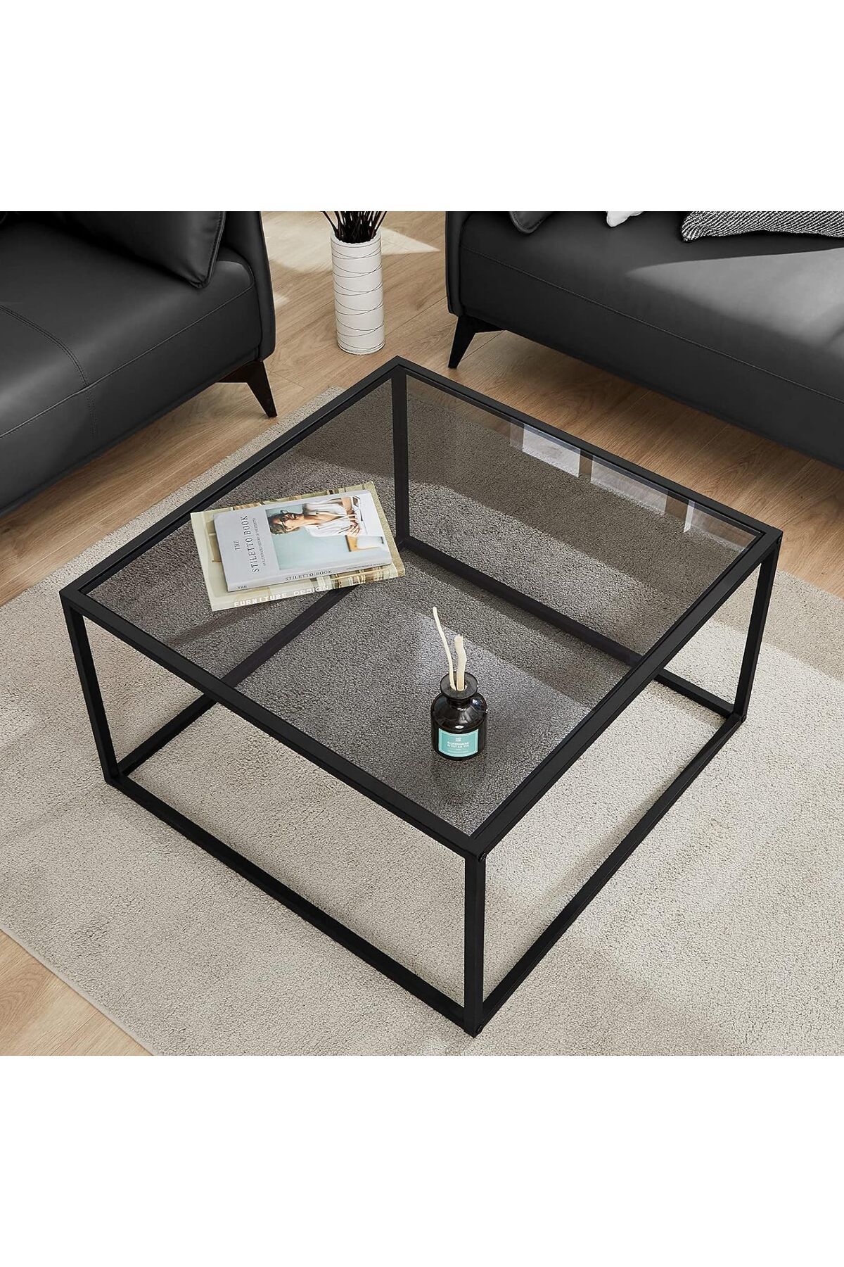 AGD-طاولة قهوة زجاجية، طاولة قهوة مربعة حديثة وبسيطة، 27.6 × 27.6 × 15.7 بوصة لغرفة المعيشة/بني 1