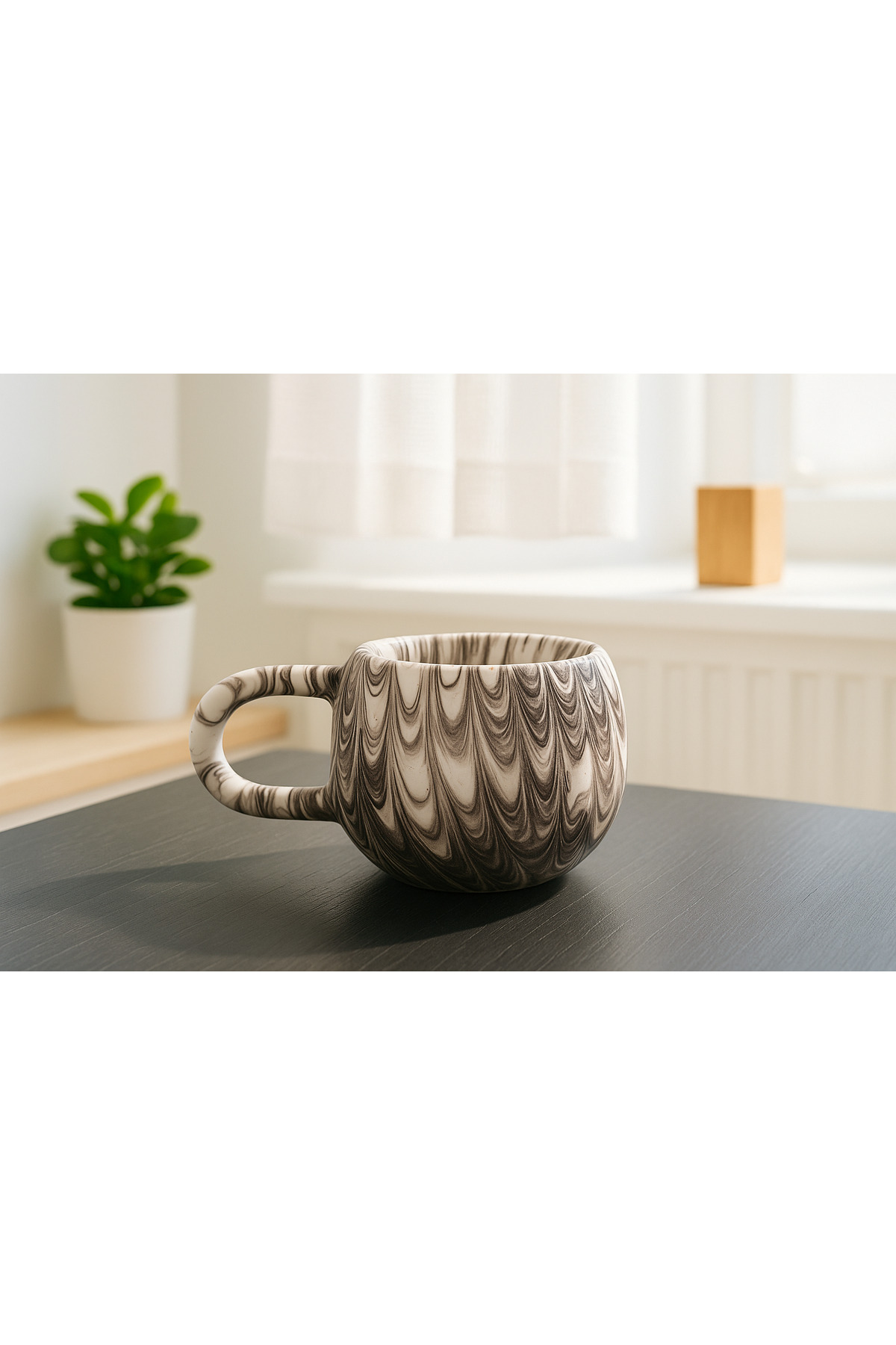 U HANDLE BLACK EBRULI PATTERN HANDMADE CERAMIC MUG