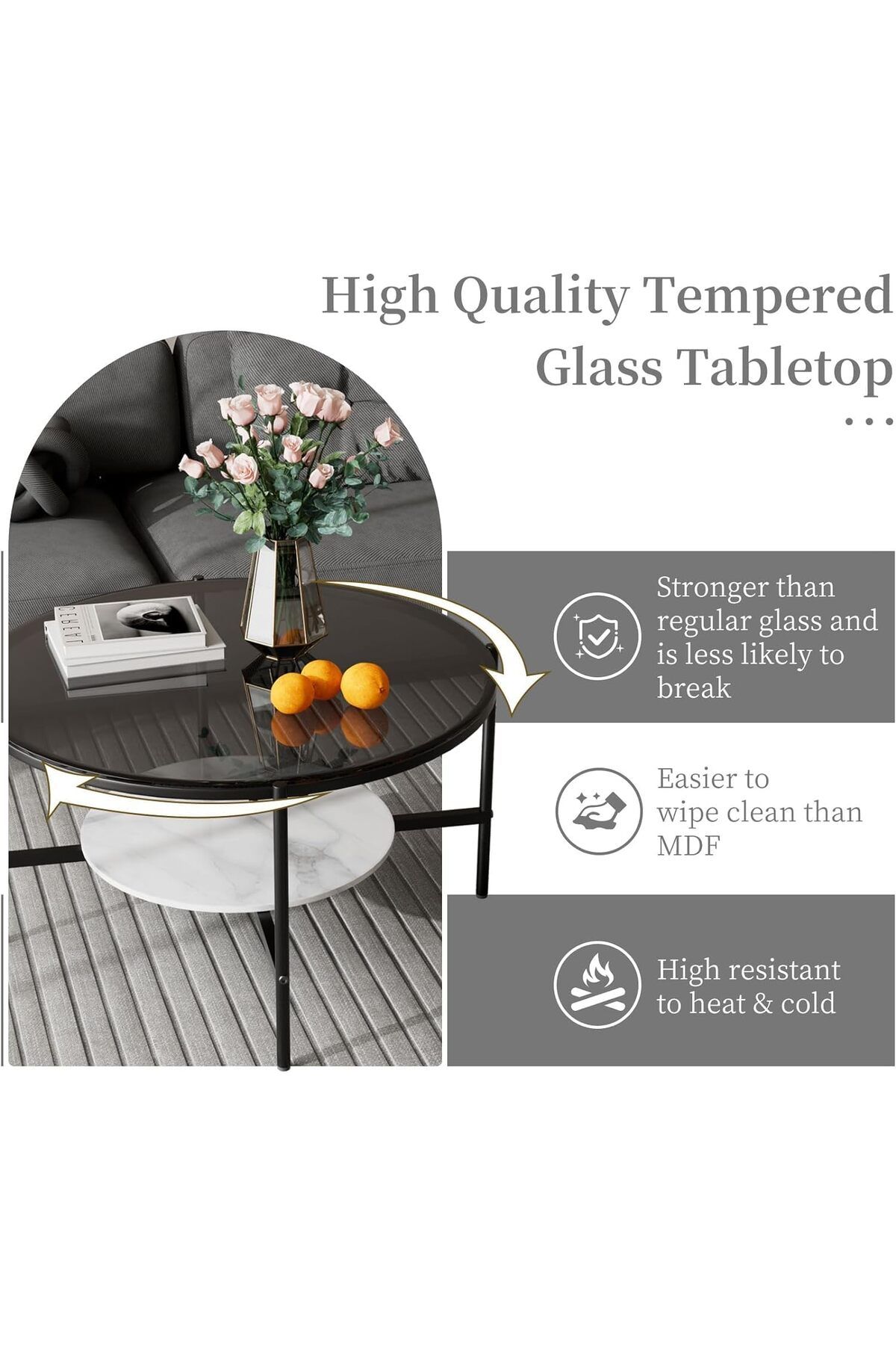 AGD-2-Tier Round Coffee Table, Luxury Modern Center Table with Large Tempered Glass Top and Low Sint 8