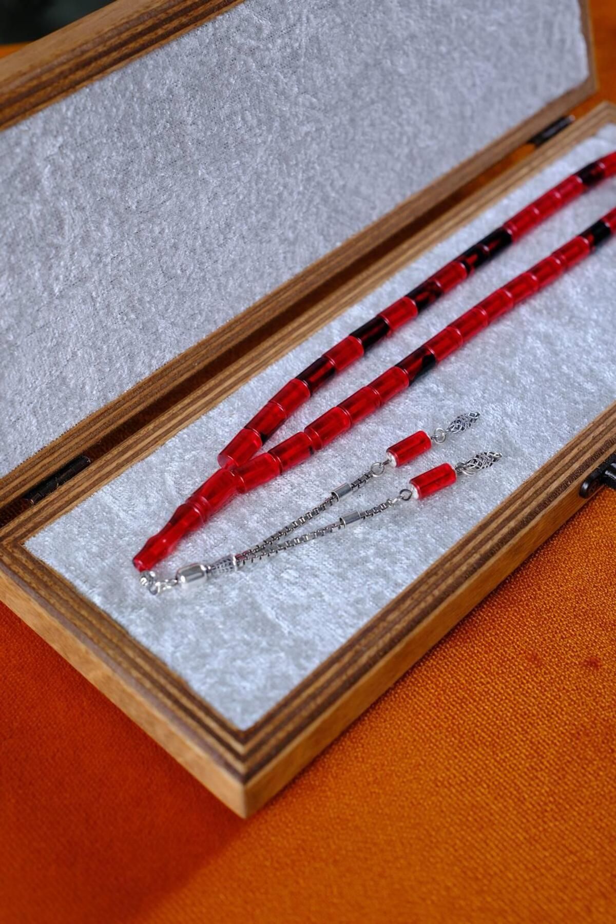 dergah tesbih-Silver Design Fire-I Crimping Amber Red Moire Cut Me Prayer Beads 4