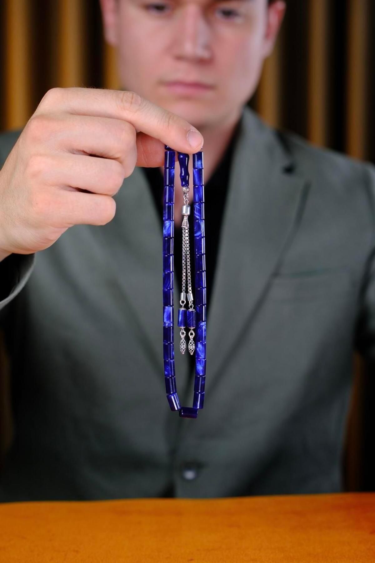 dergah tesbih-تصميم فضي Fire-i Crimp Amber Navy Blue Moire Cut-me Tesbih 3