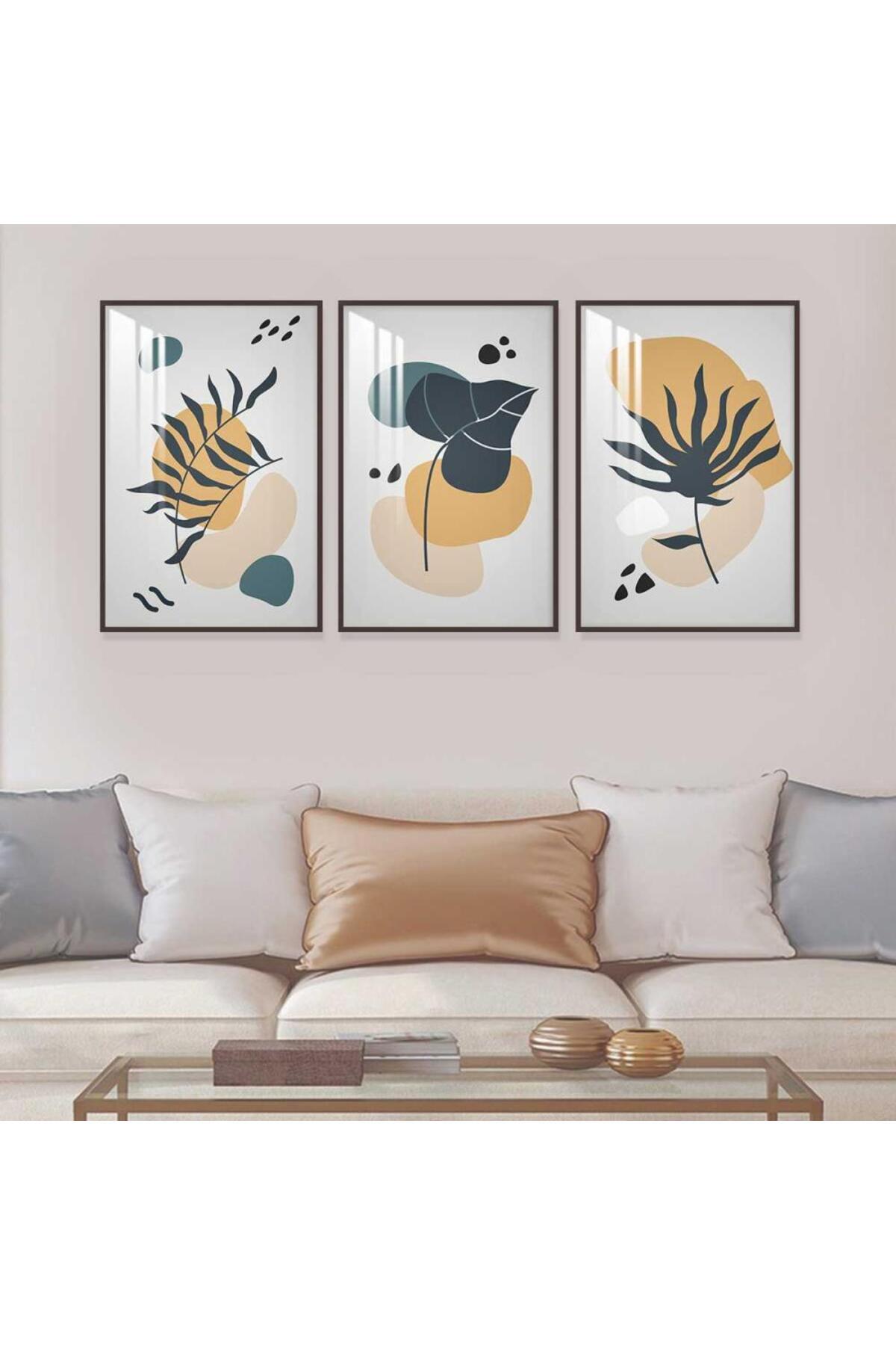 Three wooden wall panels with bohemian art design, with champagne wooden frame and a layer of transparent acrylic