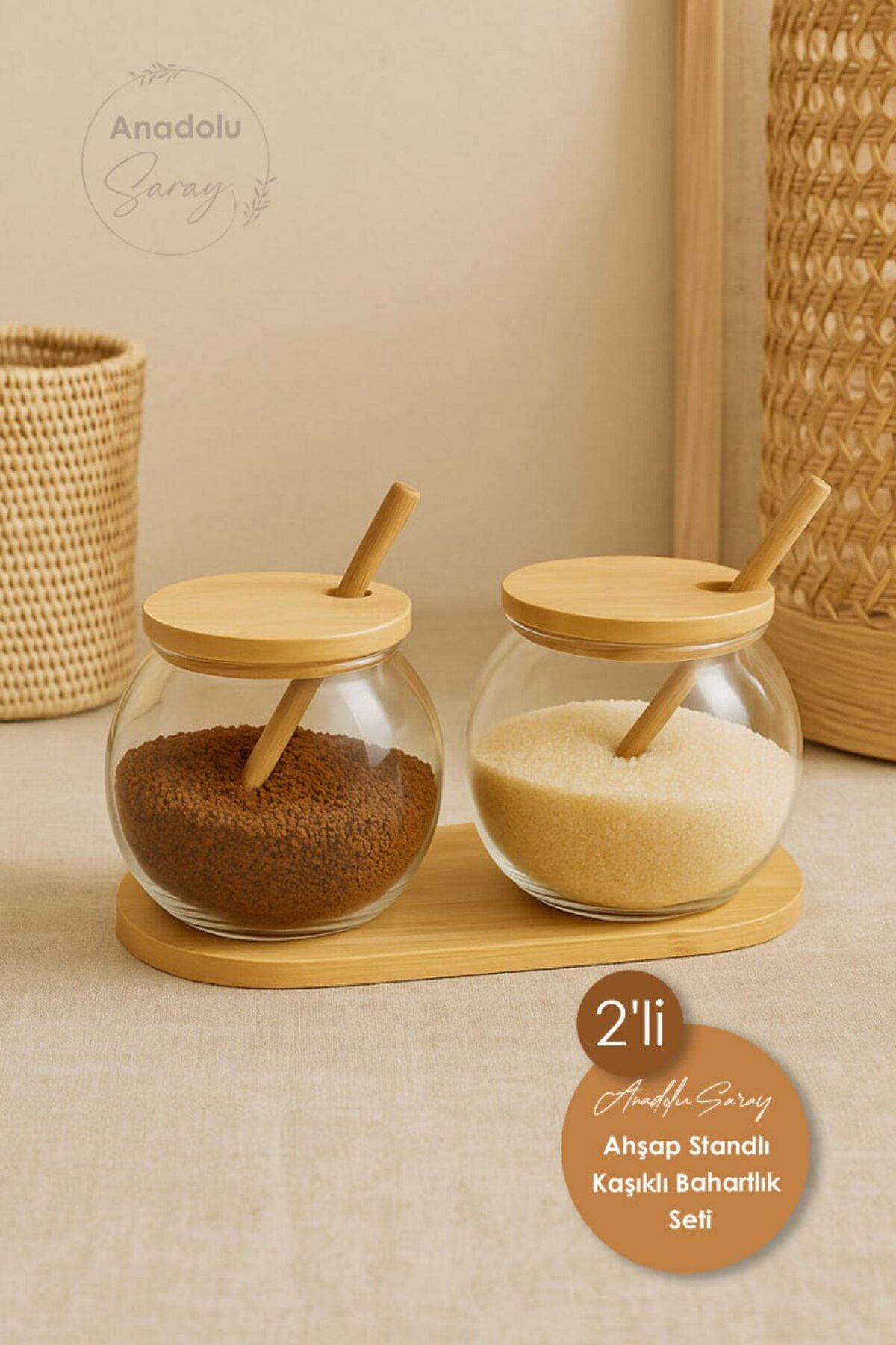 Anadolu Saray-Glass Jar Set of 2 with Wooden Lid – Coffee Sugar Storage Container with Spoon and Tray 1