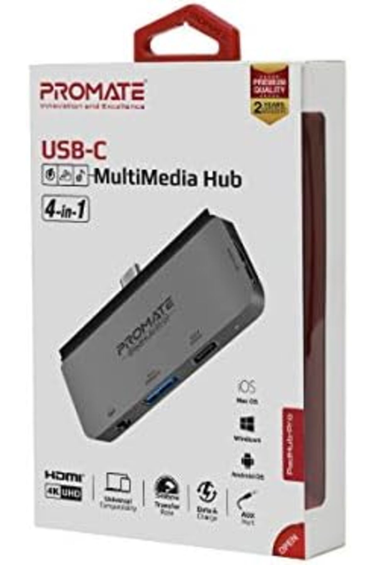 Promate-USB-C Hub, 4-in-1 Multi-Media Type-C Adapter with 100W USB-C Power Delivery Port, High-Defin 4