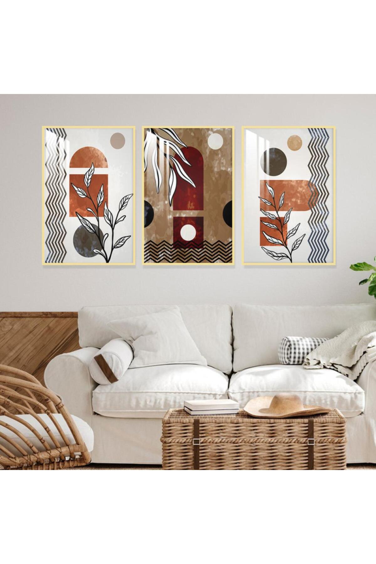 Three wooden wall panels with bohemian art design, with a golden wooden frame and a layer of transparent acrylic