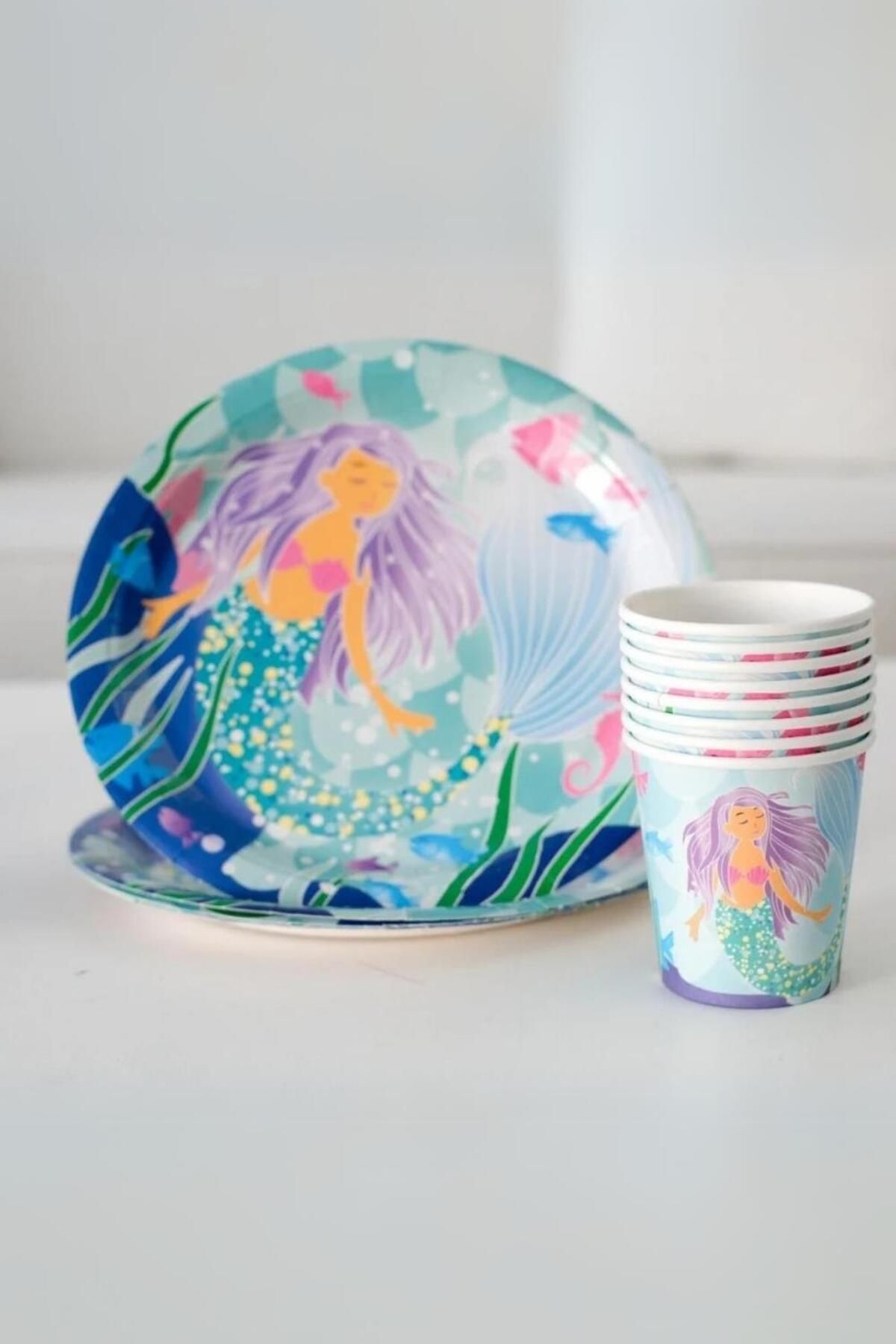 Le Mabelle-Multicolored Mermaid Themed Set of 8 Plates and Cups 2