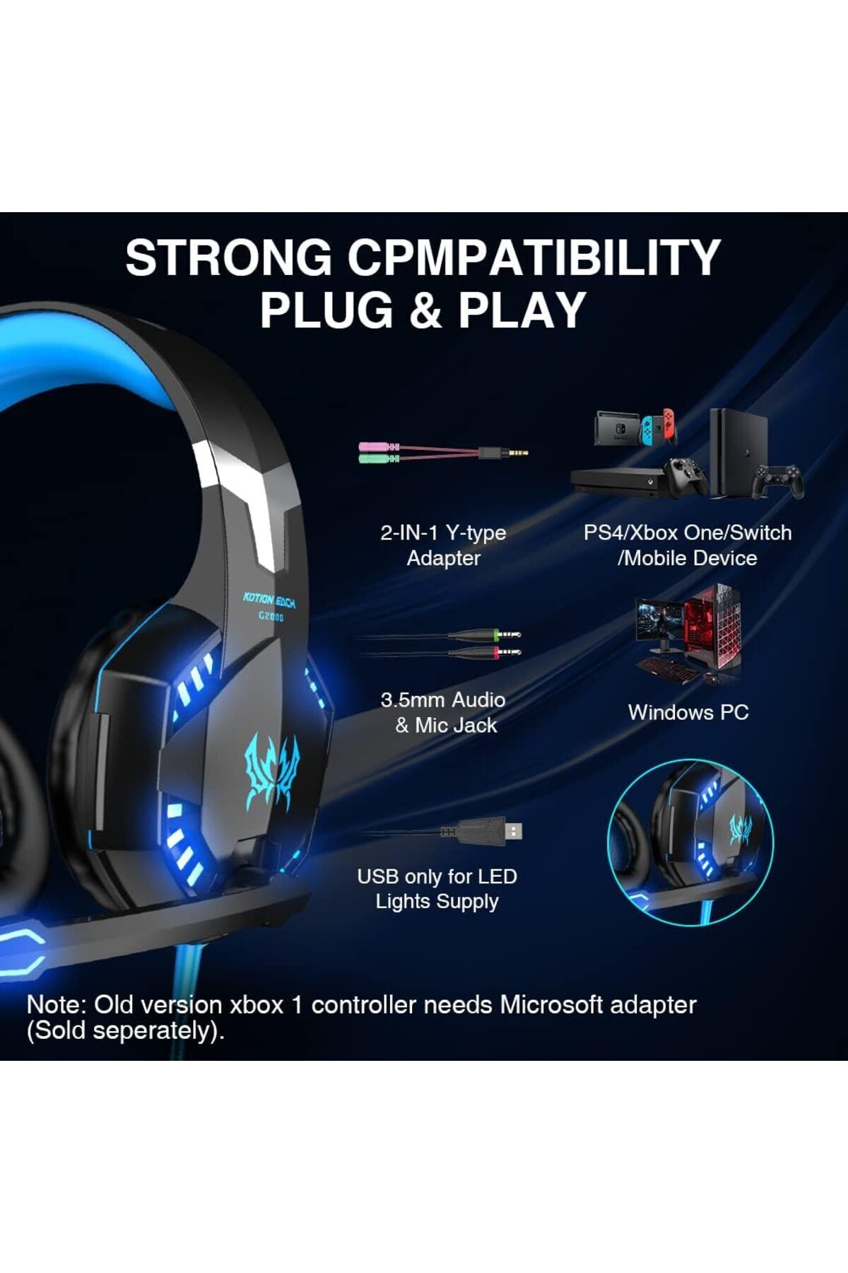 سماعة الألعاب G2000 - سماعات رأس سلكية فوق الأذن ل...