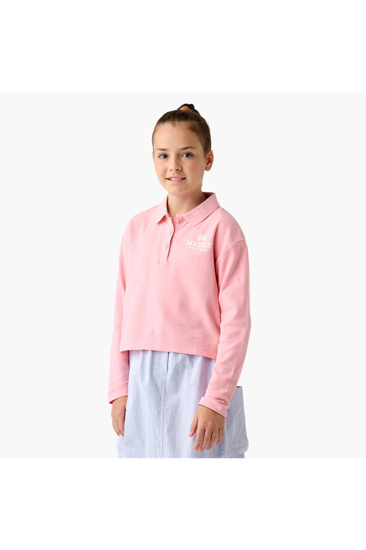 Juniors Typography Print Polo T-shirt with Long Sleeves