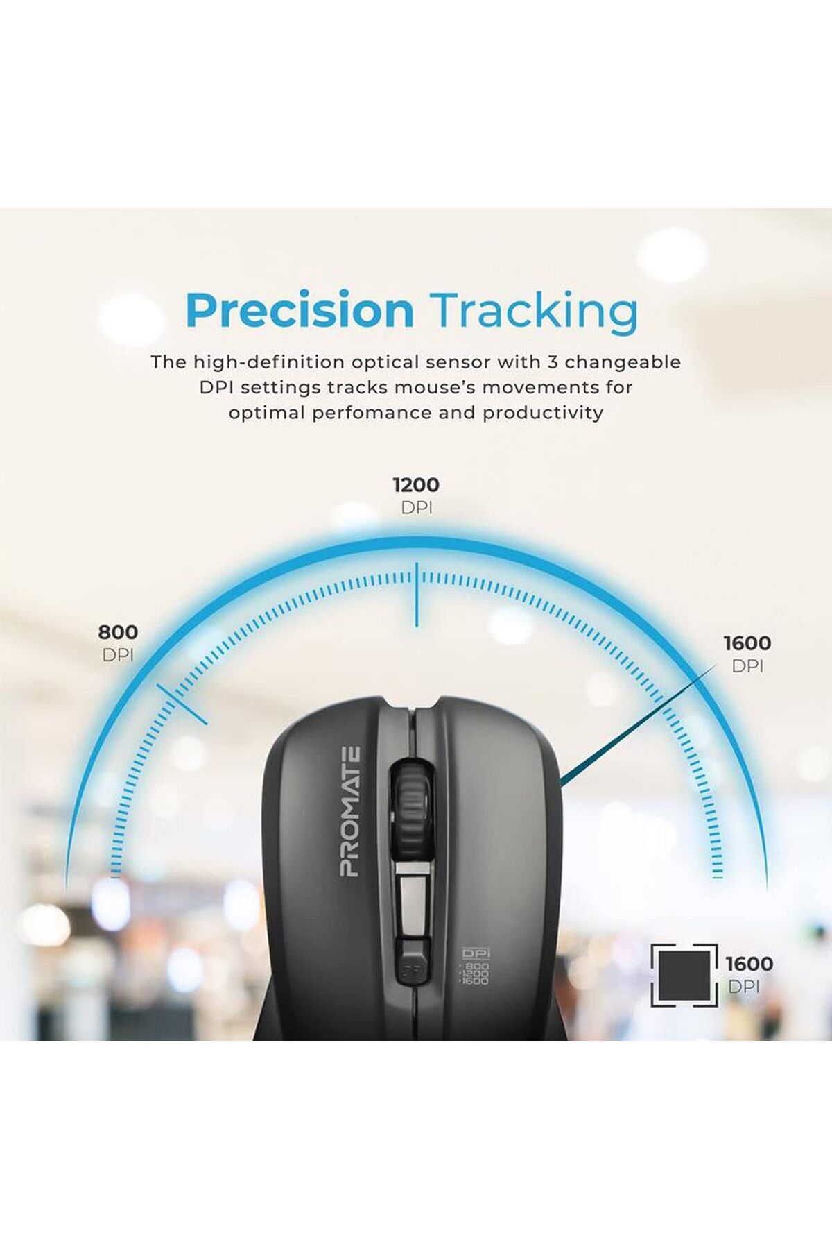 Promate-Promate Ambidextrous Wireless Mouse, Ergonomic 2.4GHz High-Precision Optical Mouse with 10m Range, N 7