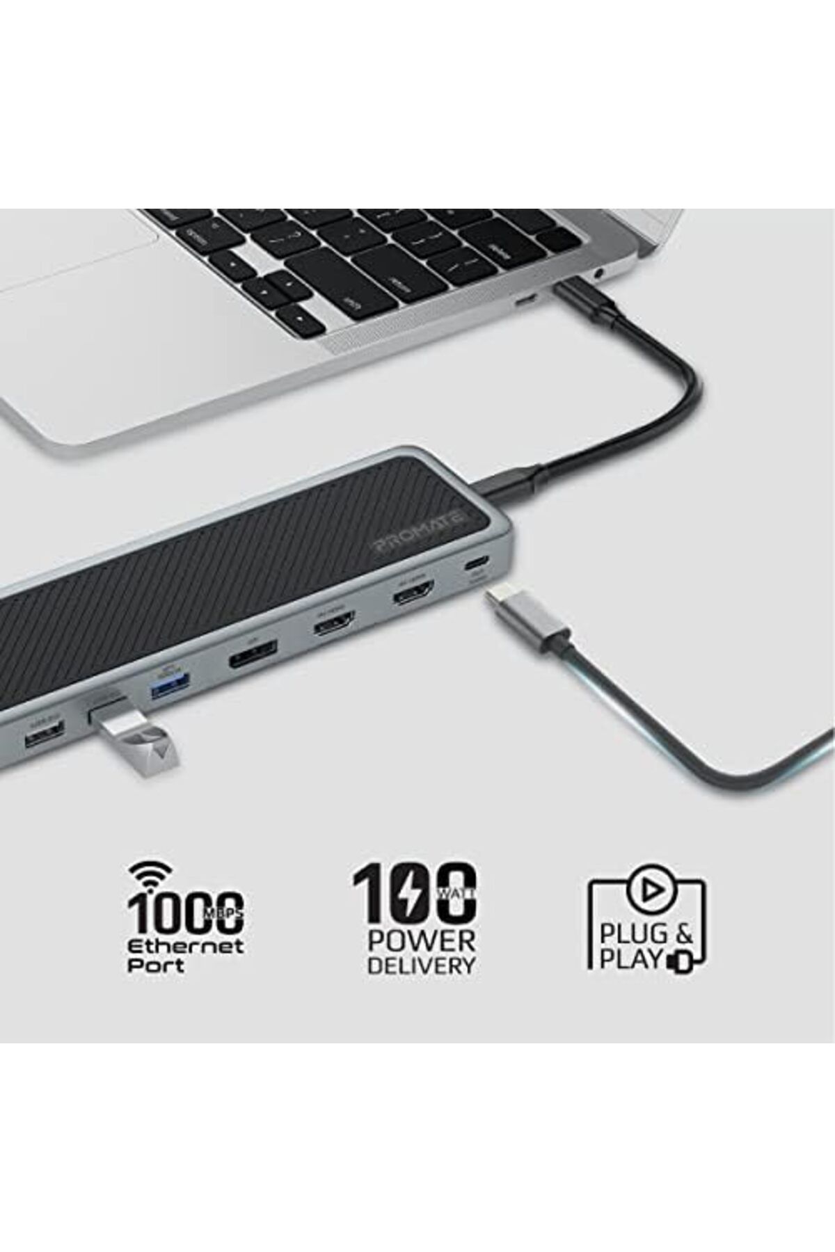 Promate-USB-C Hub, 13-in-1 Multi-Display Hub with Dual 4K HDMI, 4K DisplayPort, 1000Mbps LAN, 100W U 5