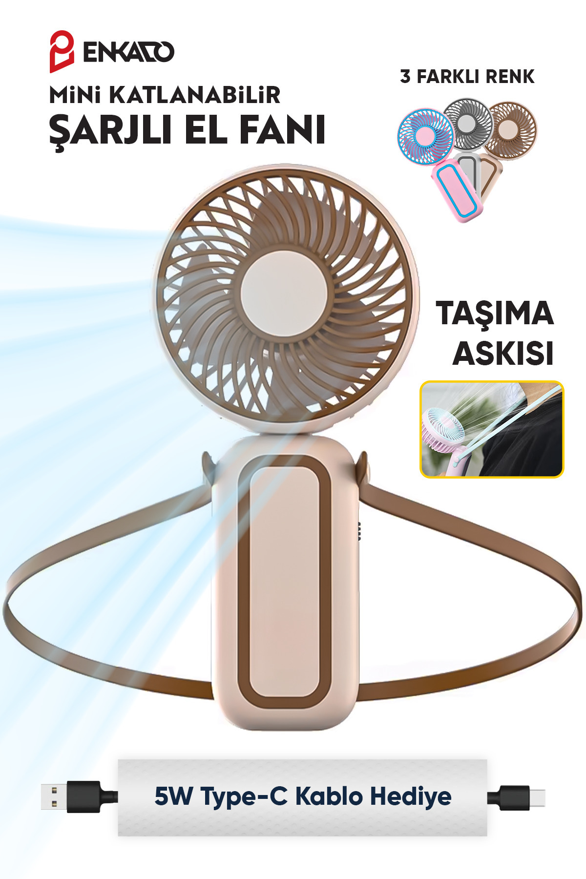 Enkado Katlanabilir Taşınabilir Şarjlı Sessiz Mini El Fanı Askılı Serinletici Güçlü El Fanı Vantilatör