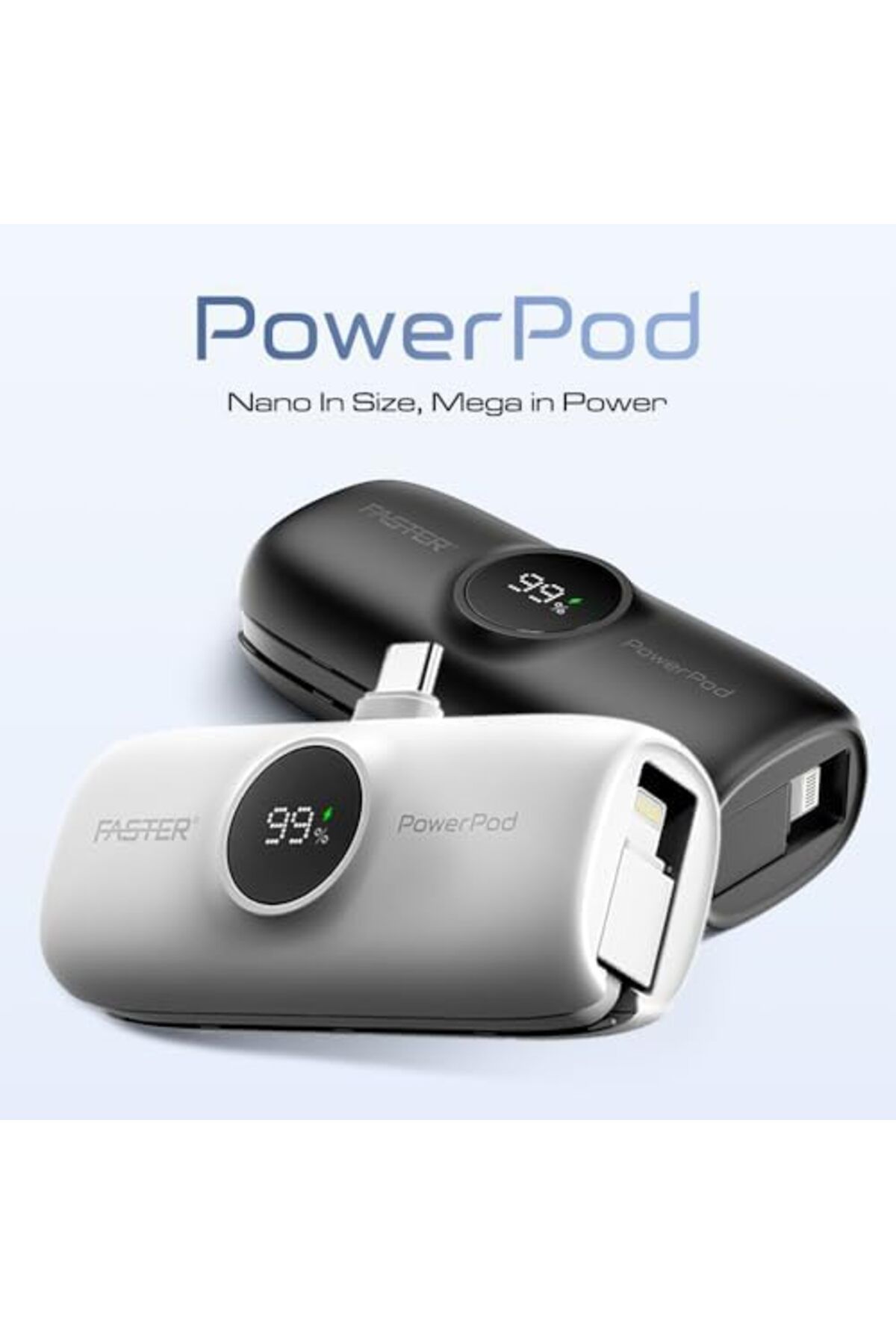 Faster-S5K PowerPod Mini Power Bank 5000mAh - 20W Fast Charging, LED Display, USB-C, Built-in iPhone 3